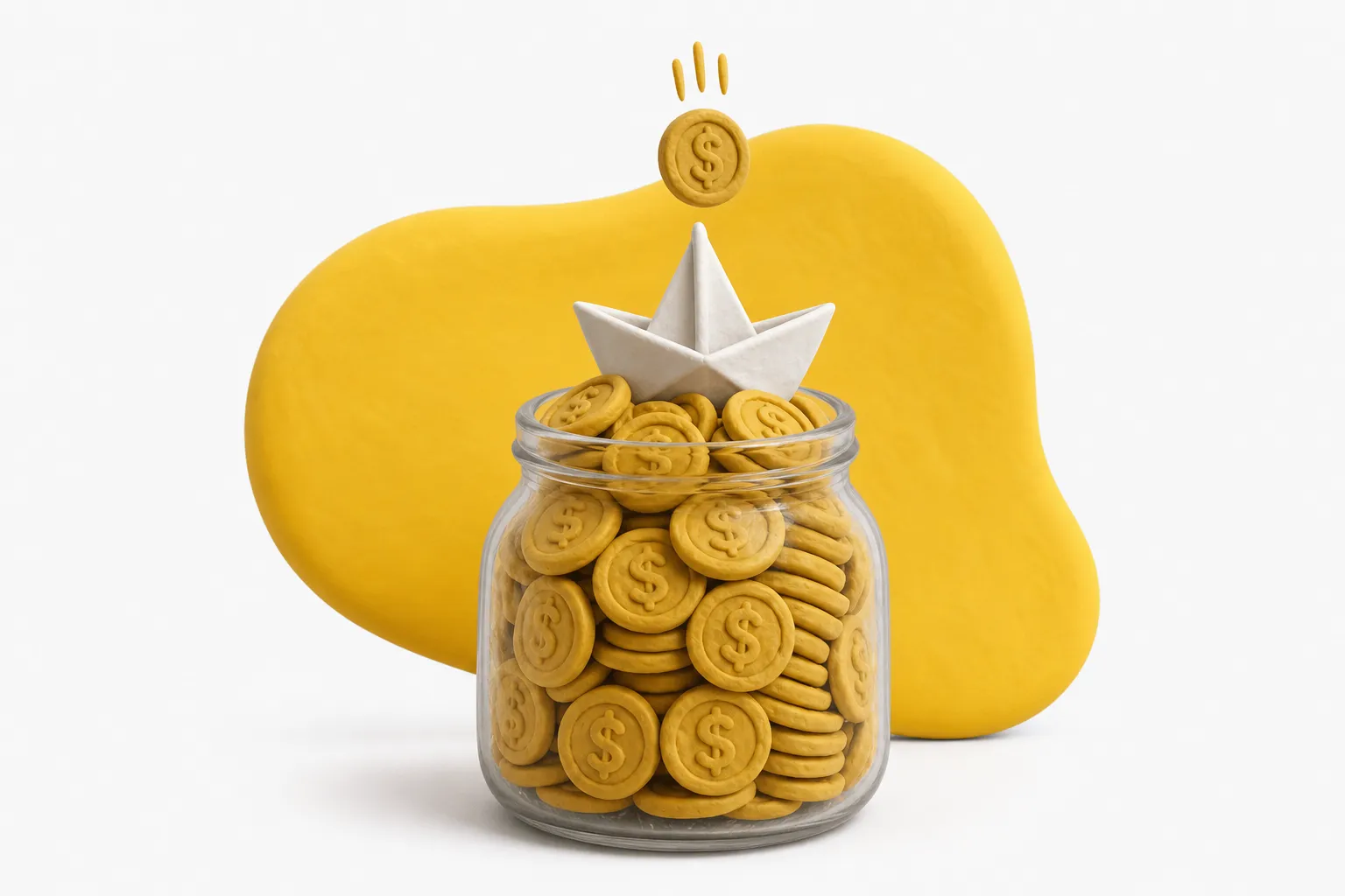 A glass jar nearly full of gold coins with a few coins dropping in