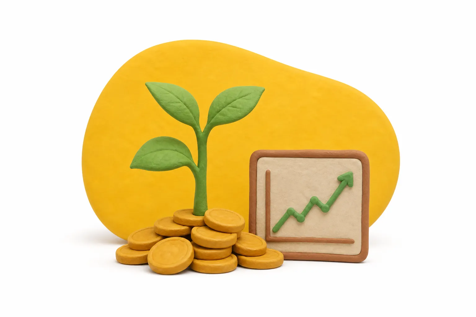 A green seedling sprouting from a pile of gold coins