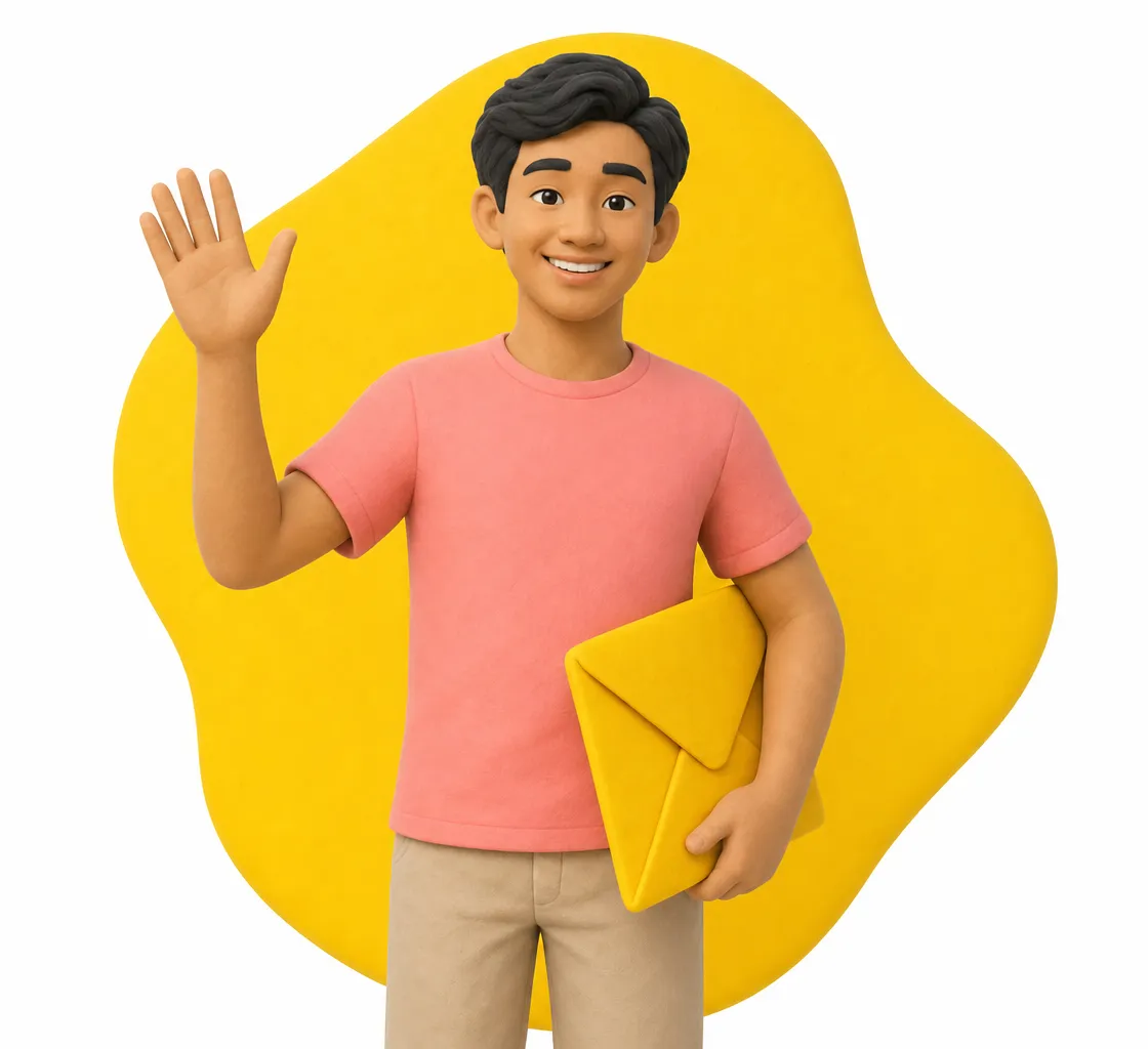 A friendly clay character saying hello