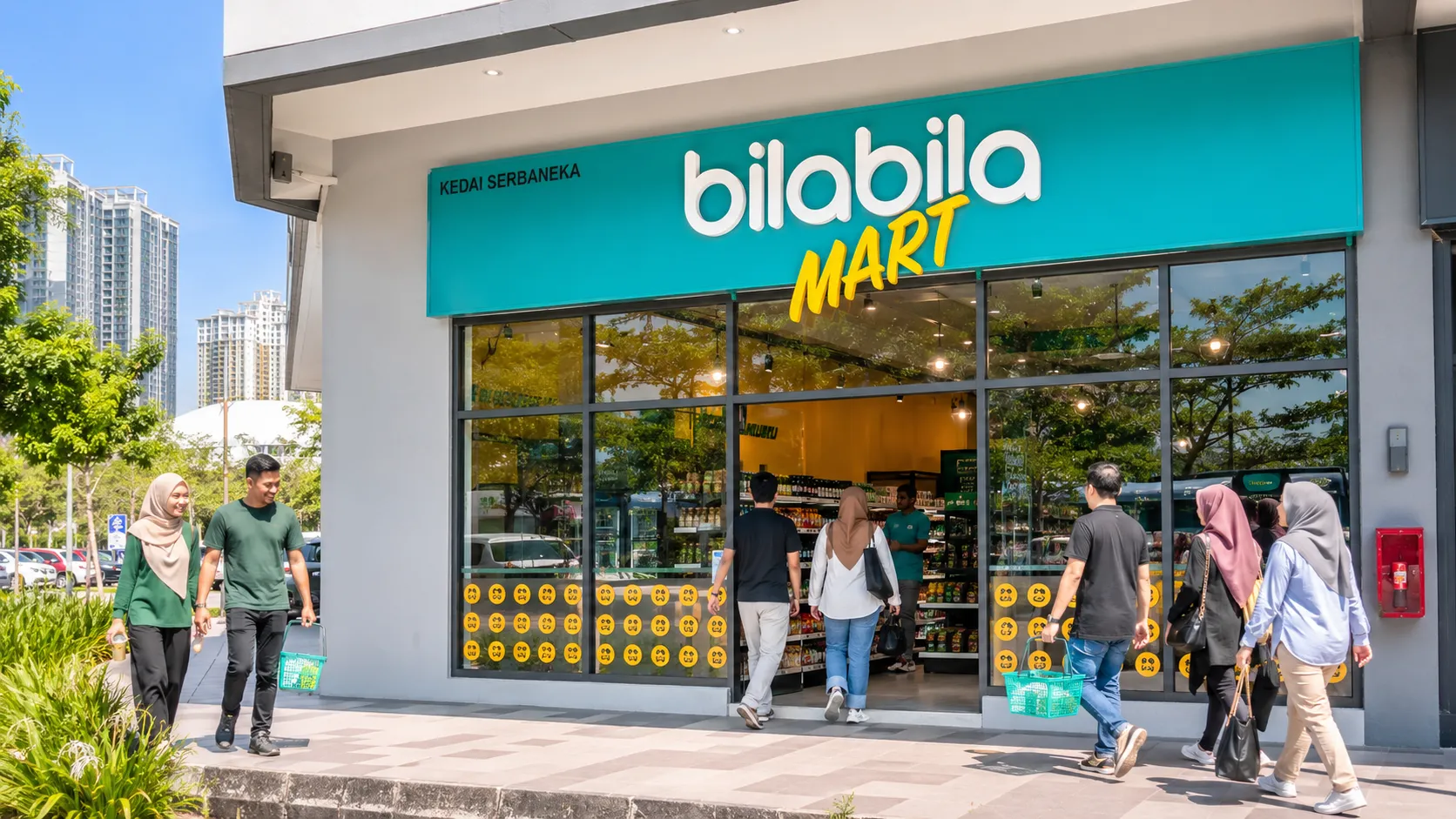 A bright, busy Bila Bila Mart storefront on a Malaysian neighbourhood street in daylight