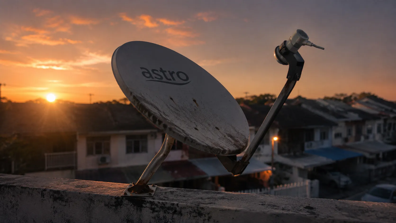 A lone Astro satellite dish on a Malaysian terrace-house rooftop at dusk