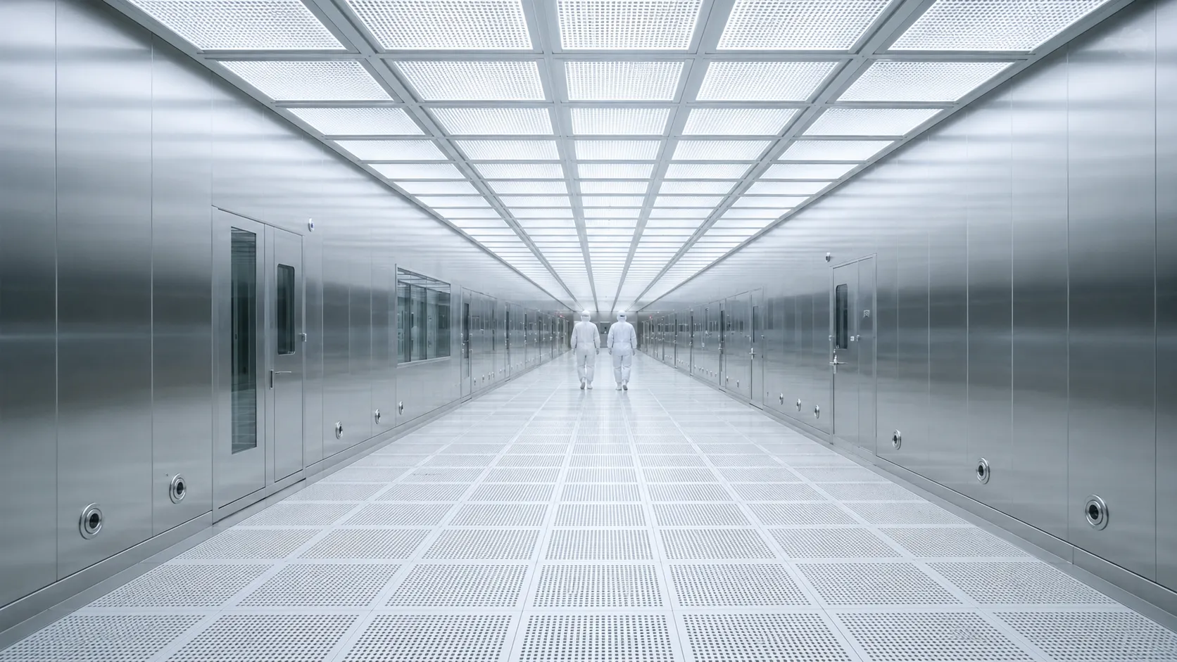 Wide view of a semiconductor clean room corridor with a filtered ceiling and stainless steel walls