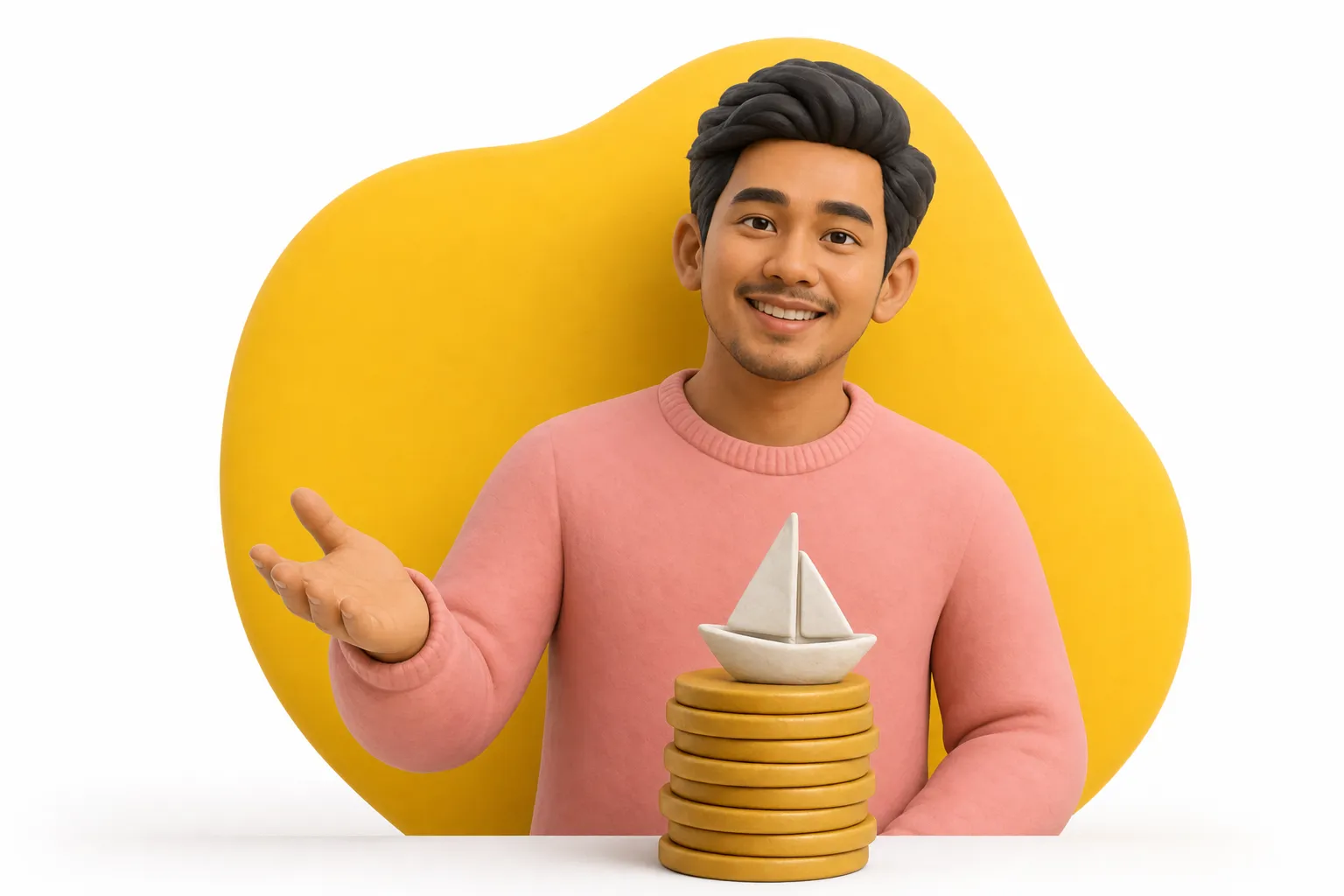 A friendly Malaysian sharing money tips beside a stack of gold coins