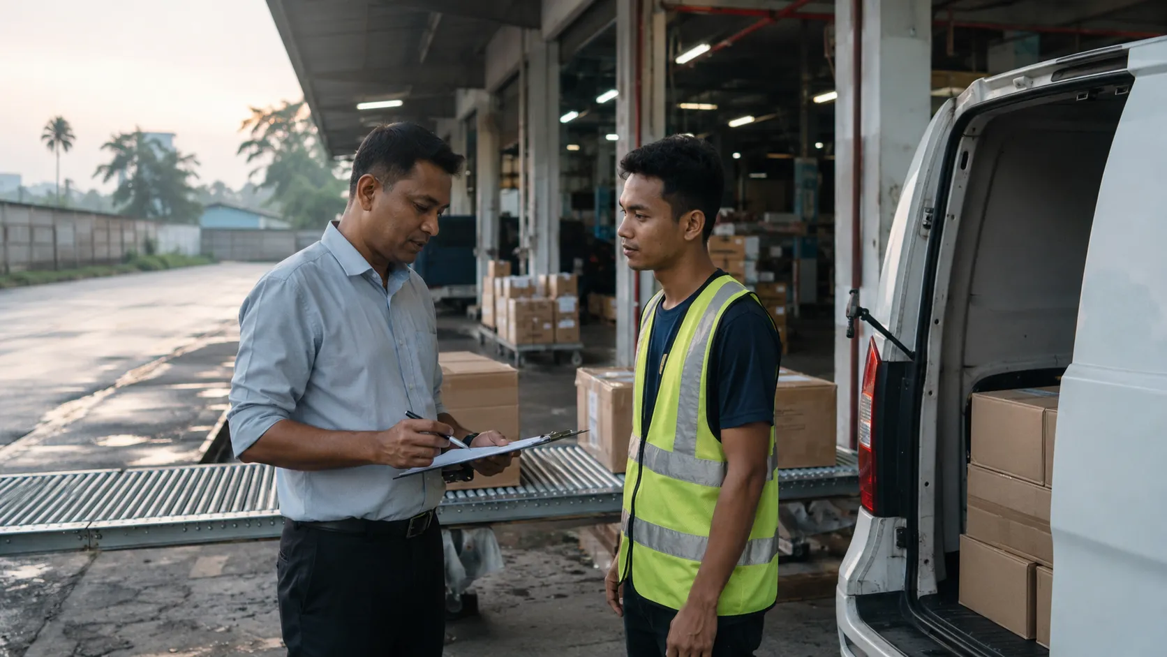 A supervisor and a team member talking beside a loading bay at a logistics depot in the early morning