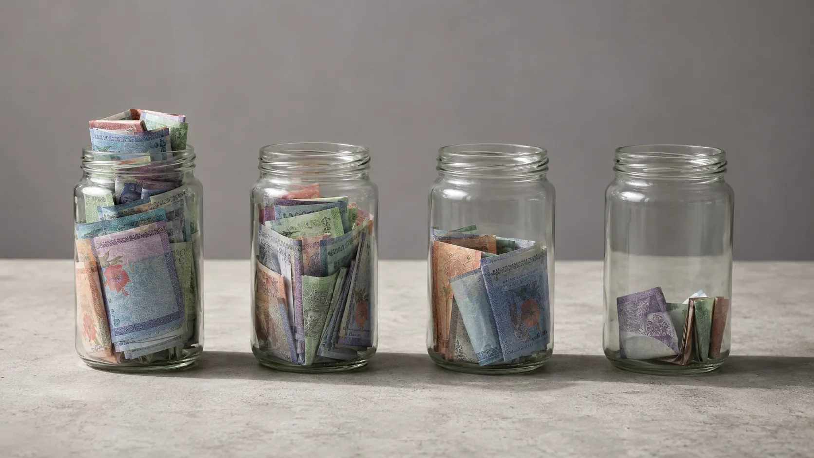 Four glass jars on a plain table holding different amounts of folded Malaysian ringgit notes