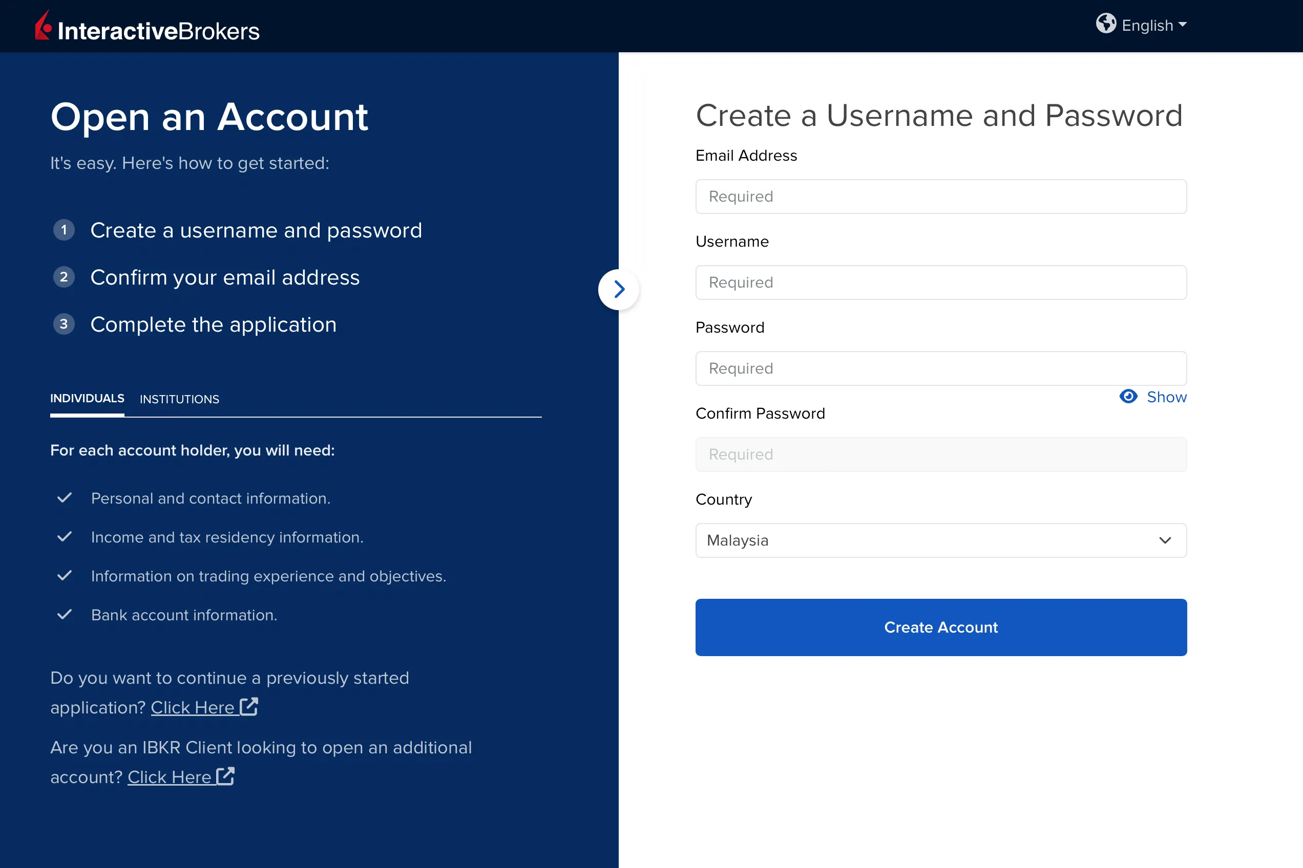 Interactive Brokers account setup page