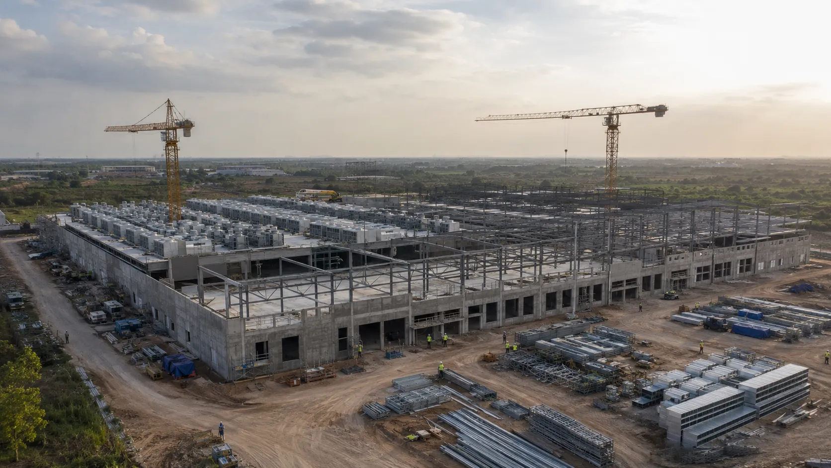 Wide view of a hyperscale data centre under construction, with steel frame, cooling plant and cranes on site