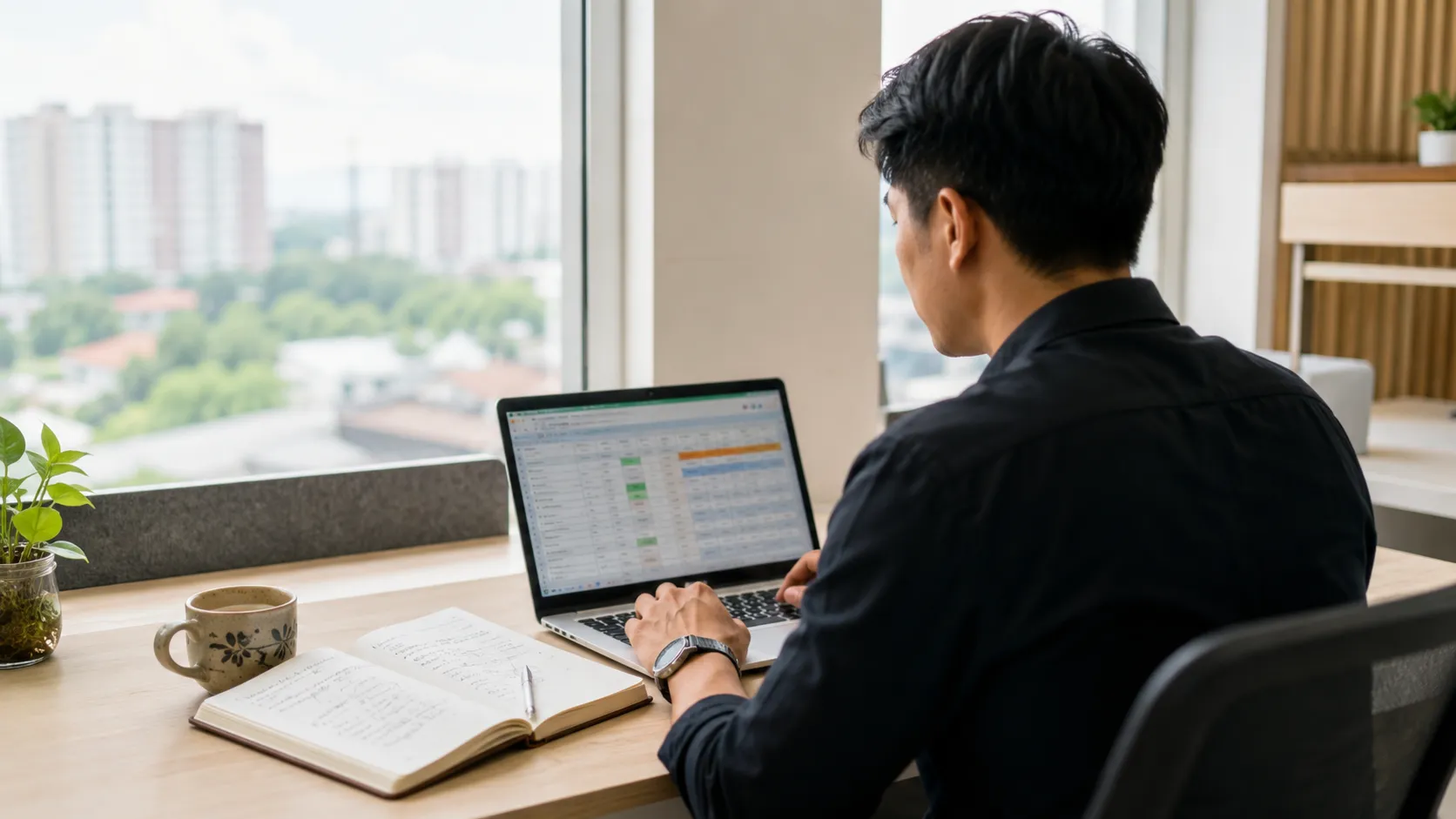 A Malaysian office worker at a bright desk, reviewing an automated spreadsheet on a laptop