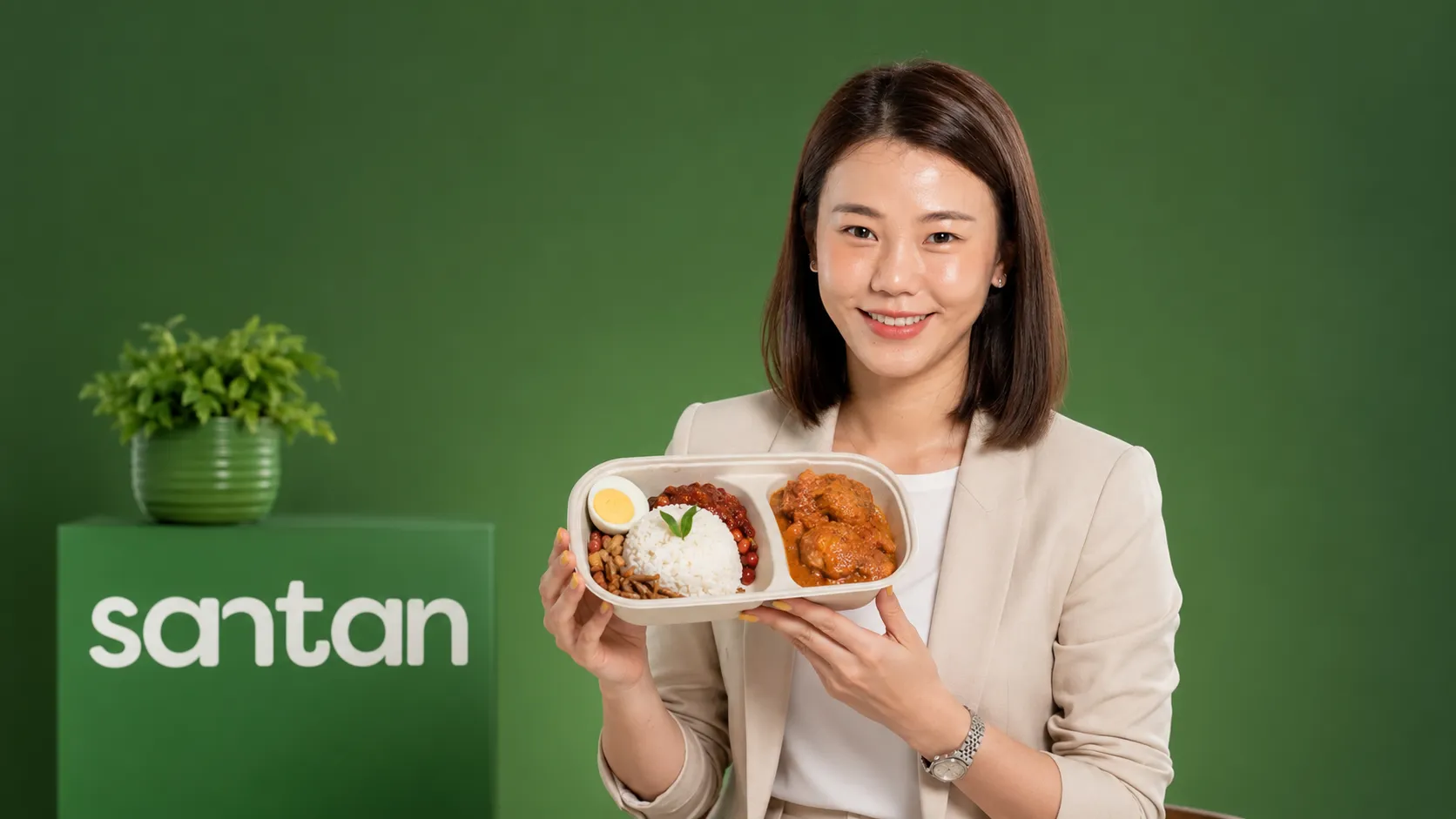 Catherine Goh in a studio setting holding a Santan meal pack, the brand she now runs as CEO