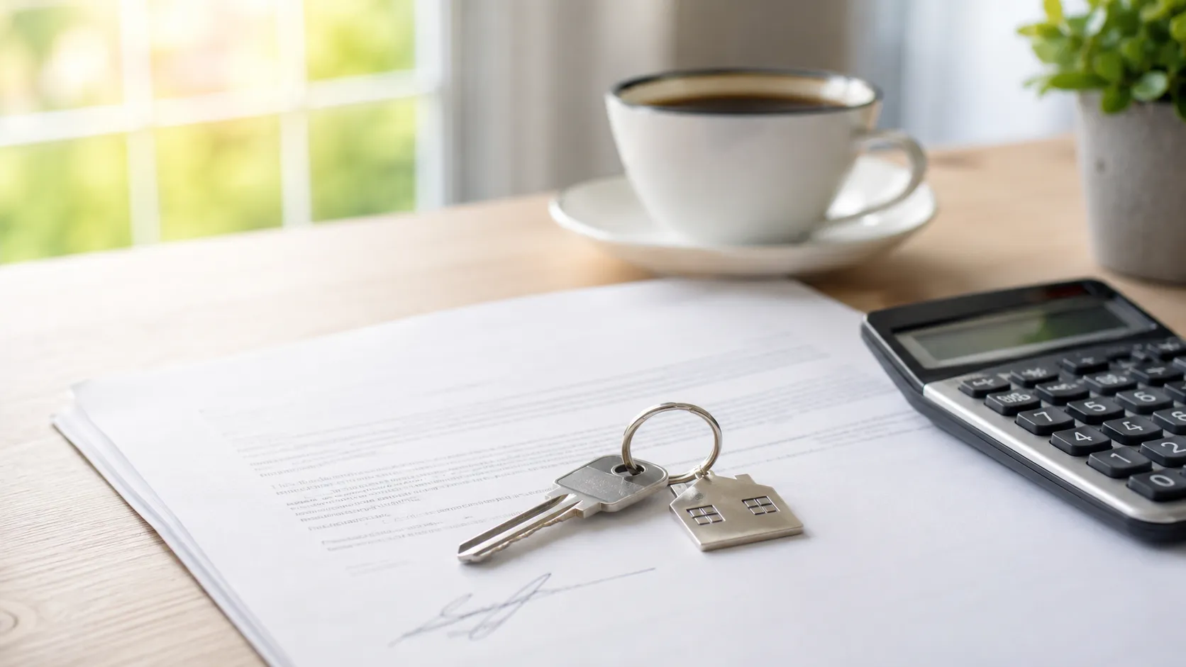 Keys resting on a signed home-loan document on a sunlit table