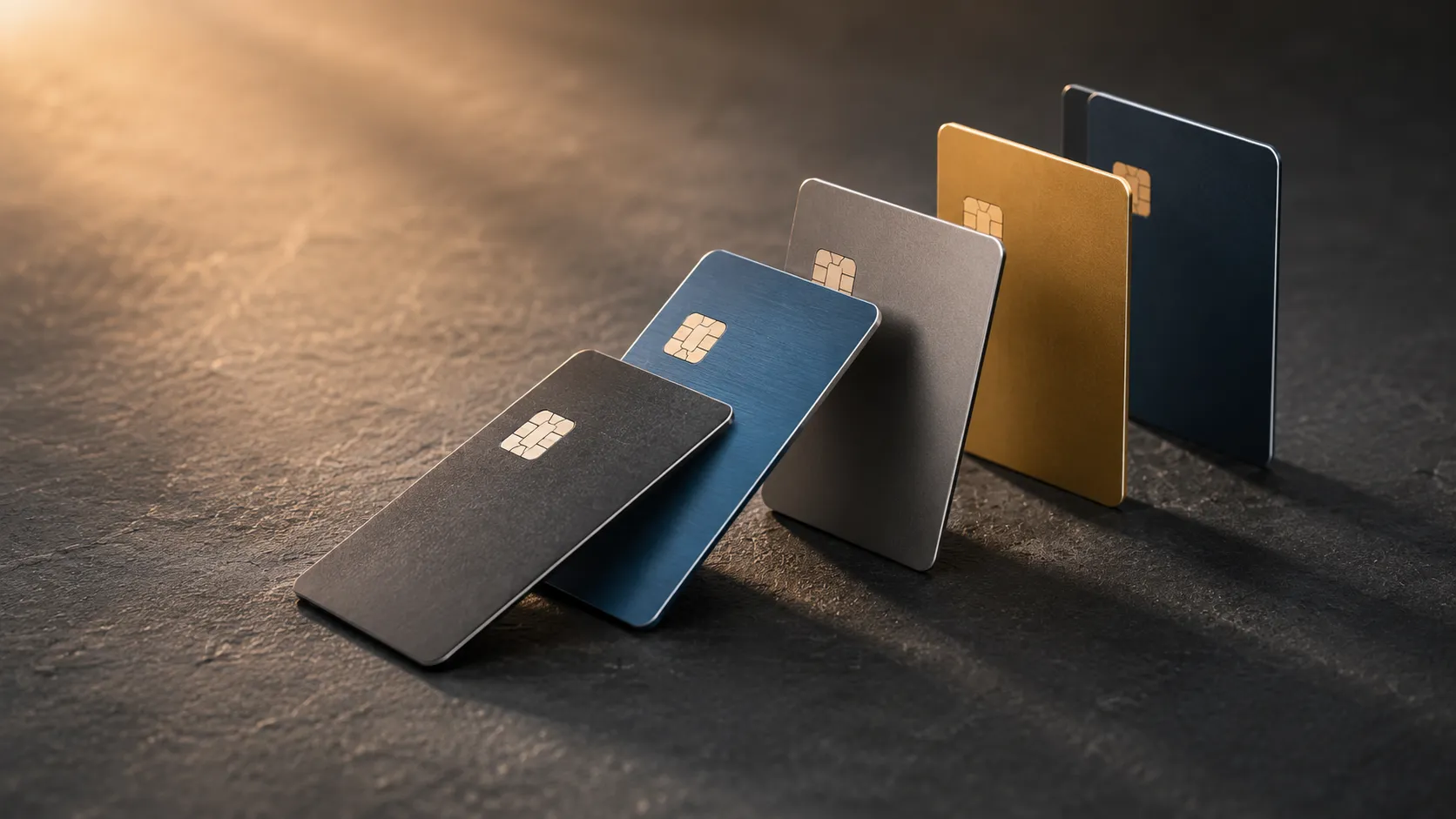A row of credit cards standing on edge like dominoes, the smallest one toppling into the next, on a dark surface