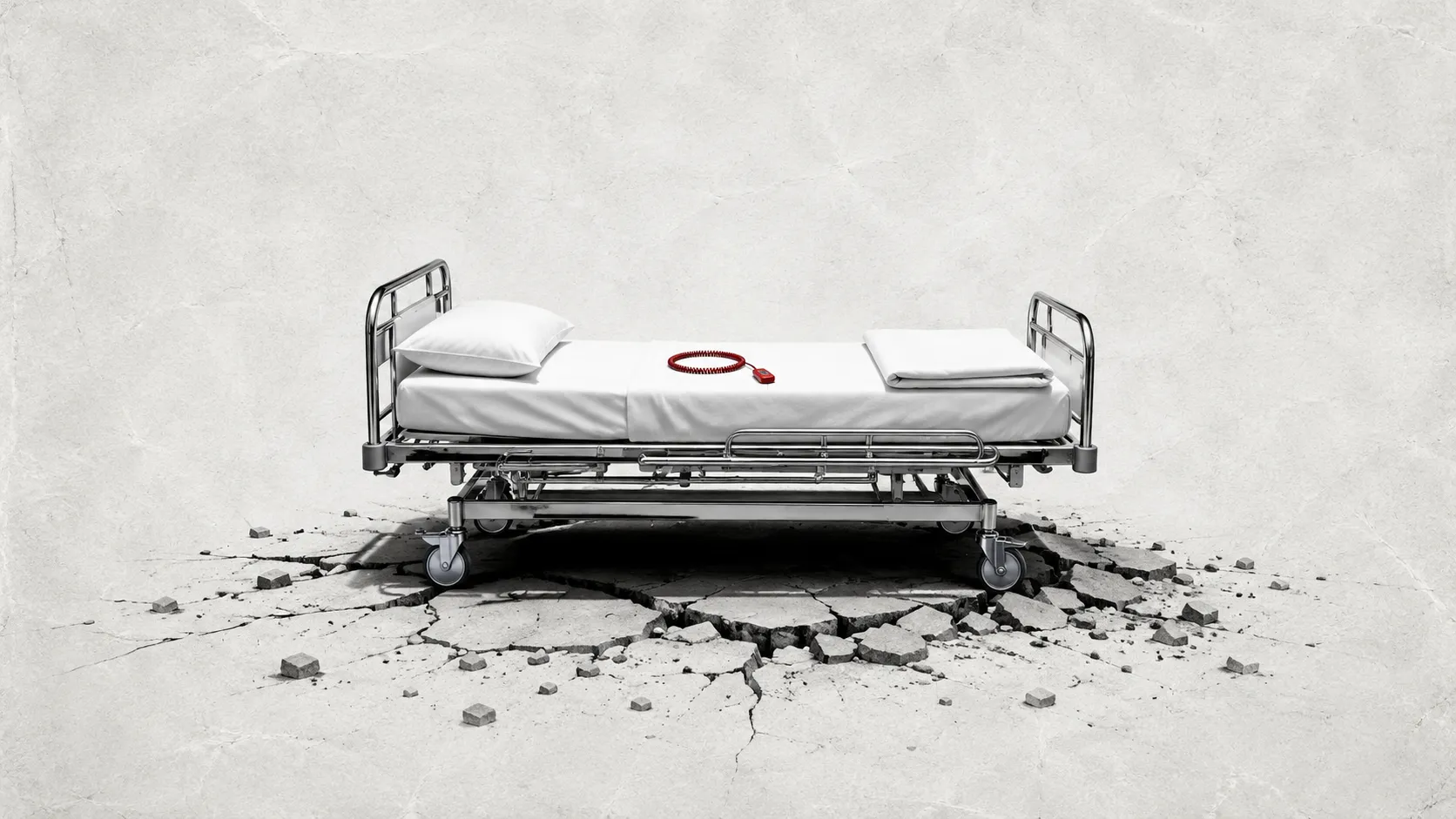 A single hospital bed with a folded white blanket, standing alone on a cracked concrete surface under a hard overhead light