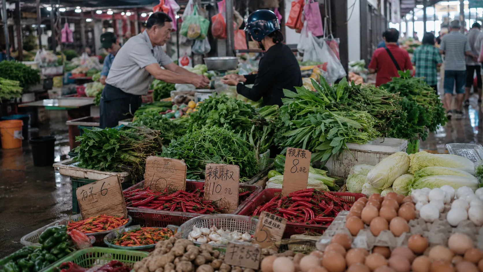 A wet market vegetable and grocery stall in Malaysia with handwritten price tags