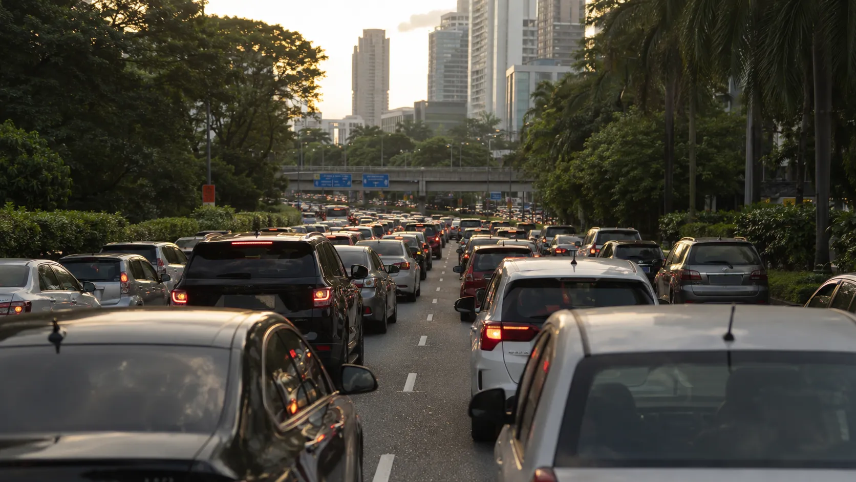 Cars queued bumper to bumper on a congested Kuala Lumpur road at rush hour