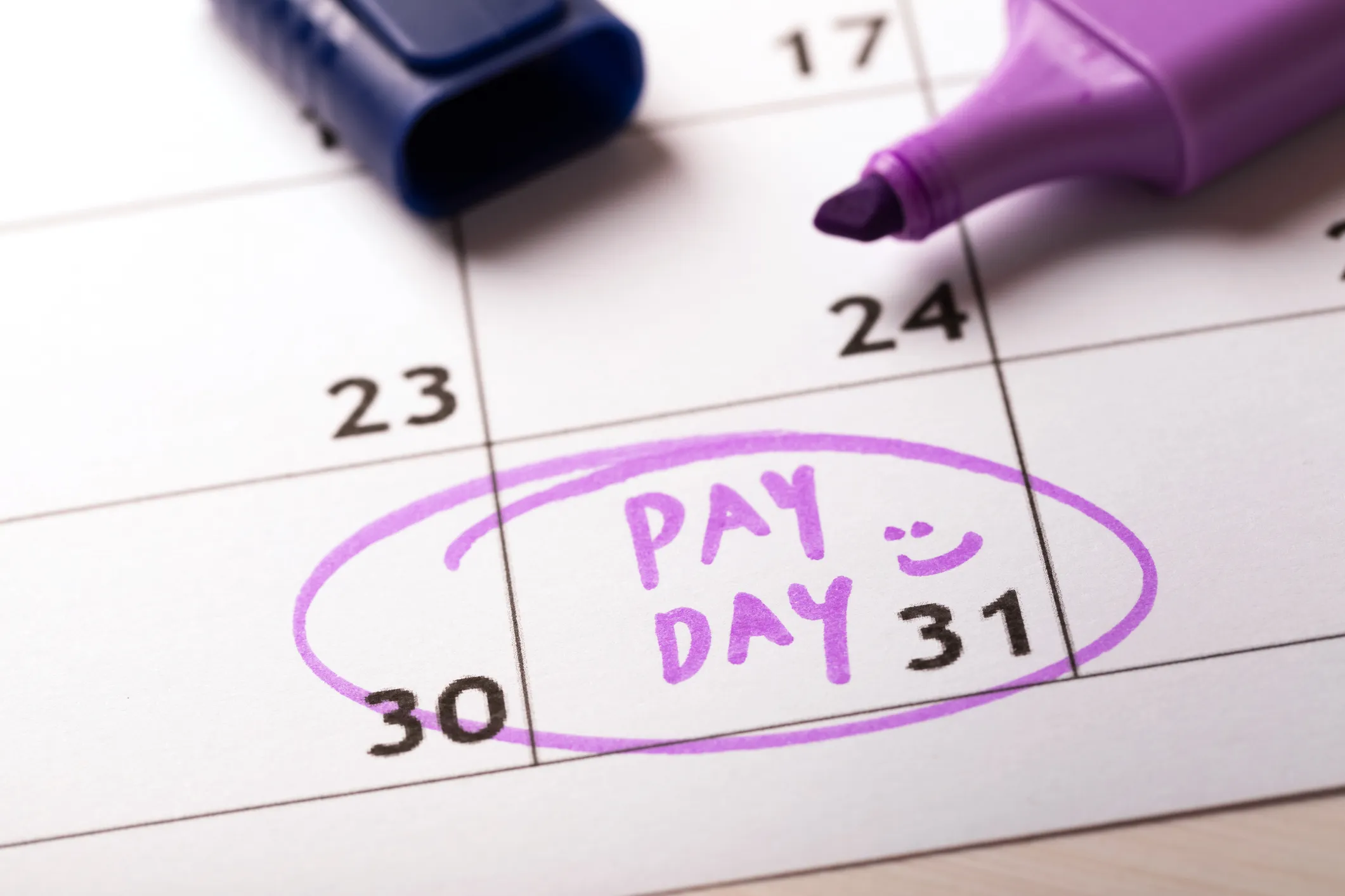 Purple inked doodle on the calendar indicating payday