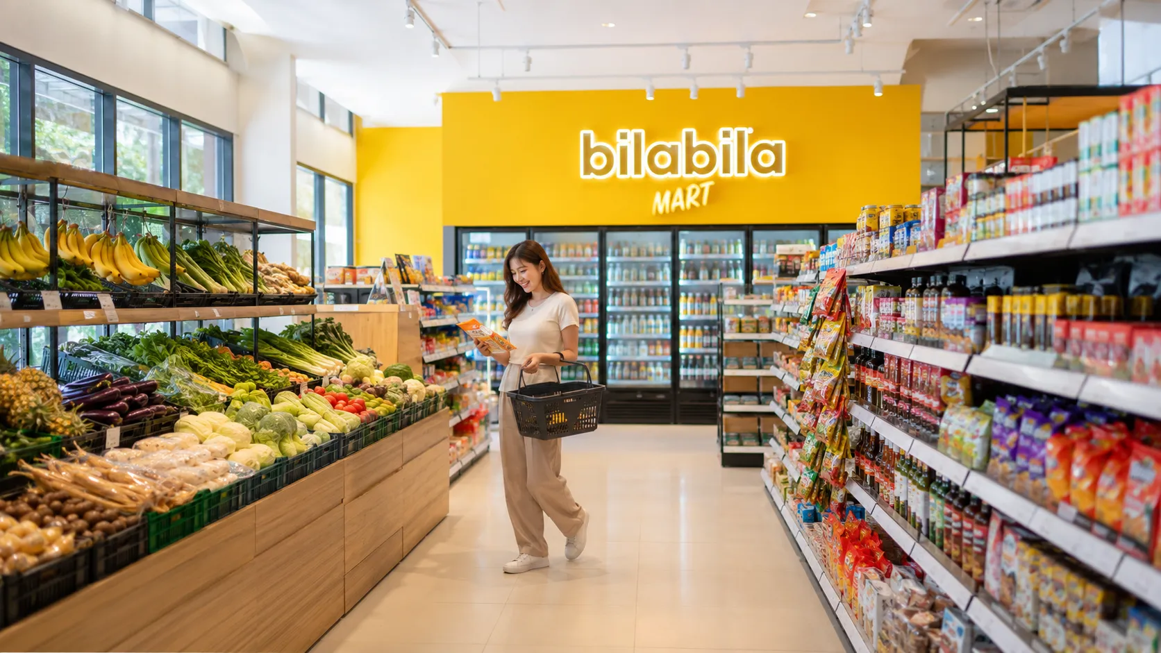 A bright, busy Bila Bila Mart interior with fresh produce and everyday groceries on neatly stocked shelves