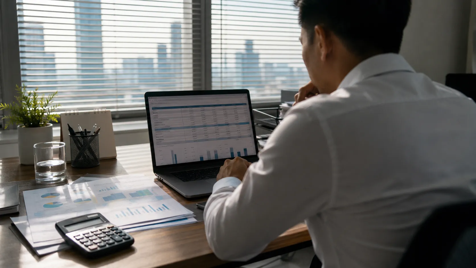 A manager reviewing a profit and loss spreadsheet on a laptop in a Malaysian office
