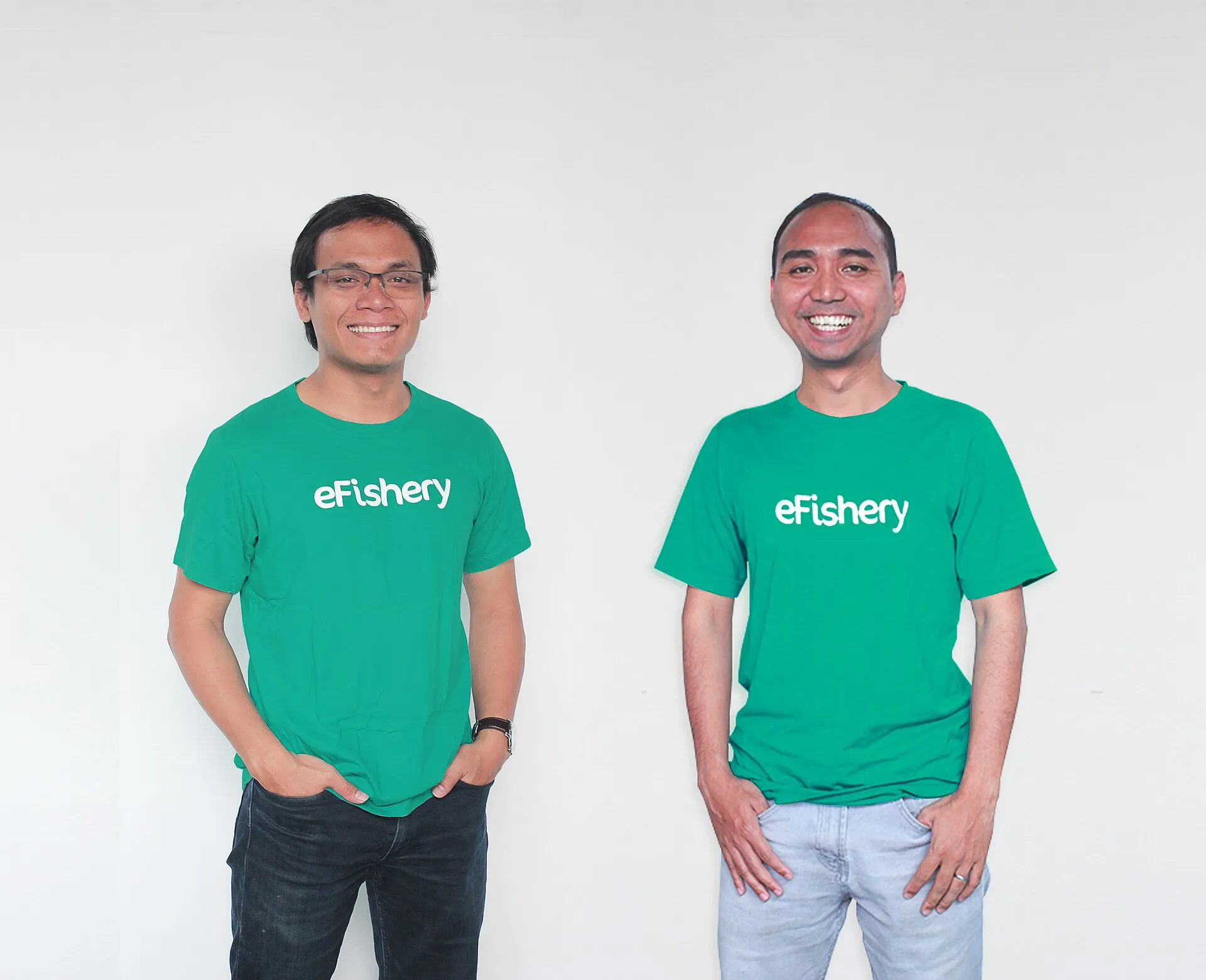 The two eFishery co-founders in a company photograph taken before the fraud came to light