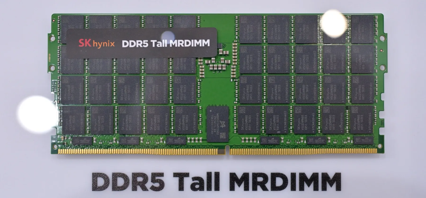 An SK Hynix DDR5 server memory module packed with DRAM chips on a green circuit board