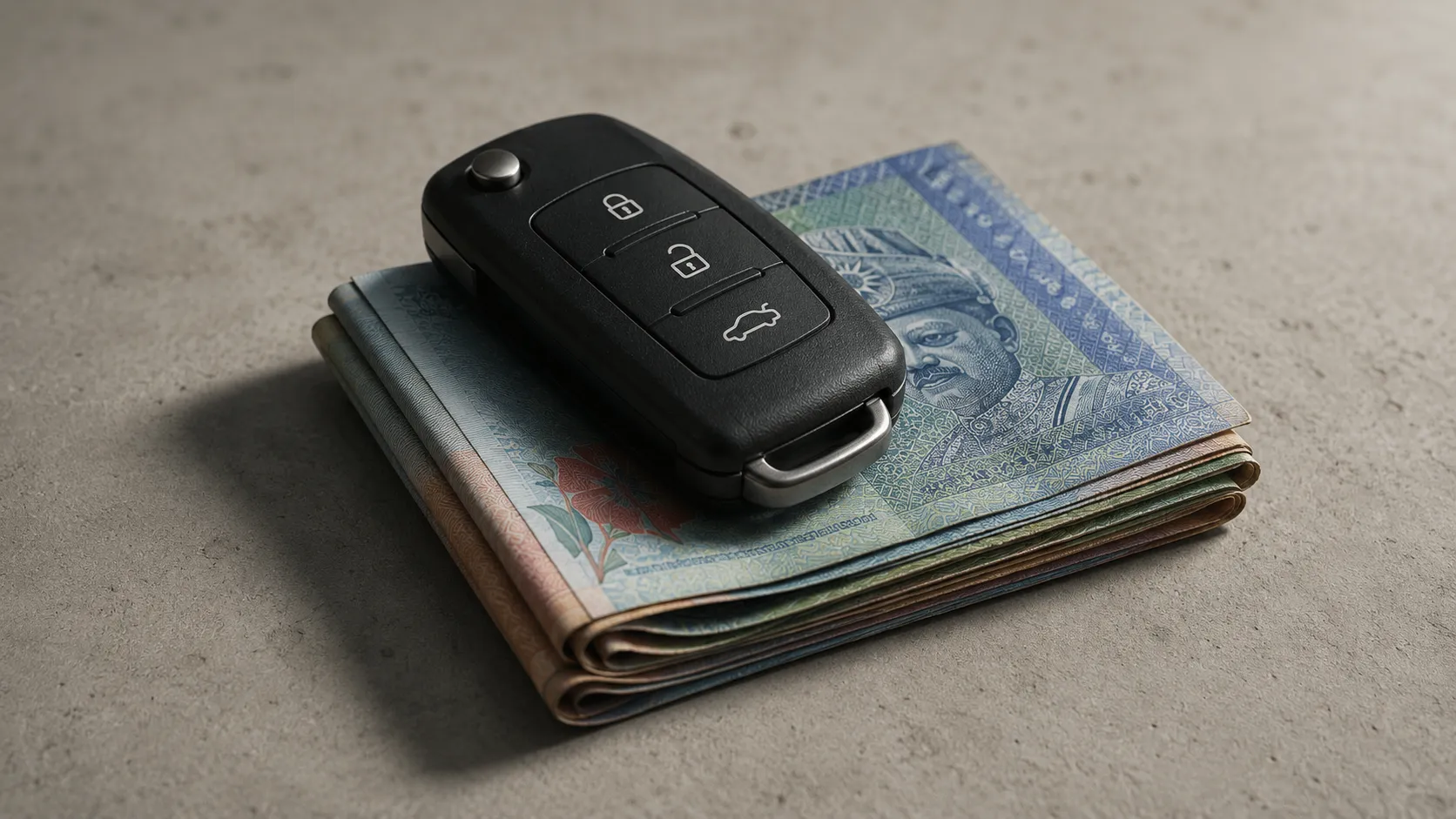A single car key resting on a folded stack of Malaysian ringgit notes on a plain surface