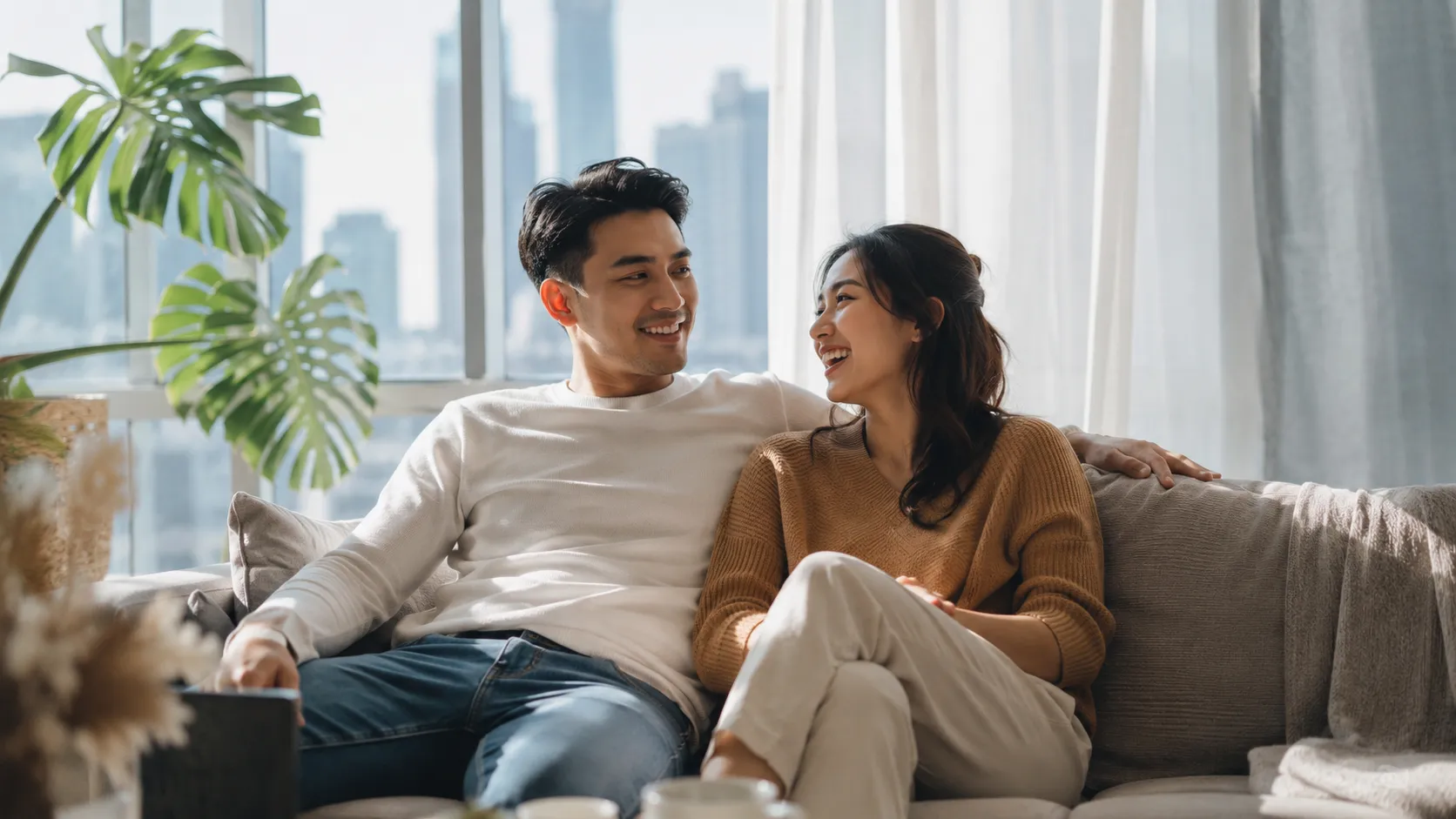 A young Malaysian couple relaxing in the bright living room of a rented apartment