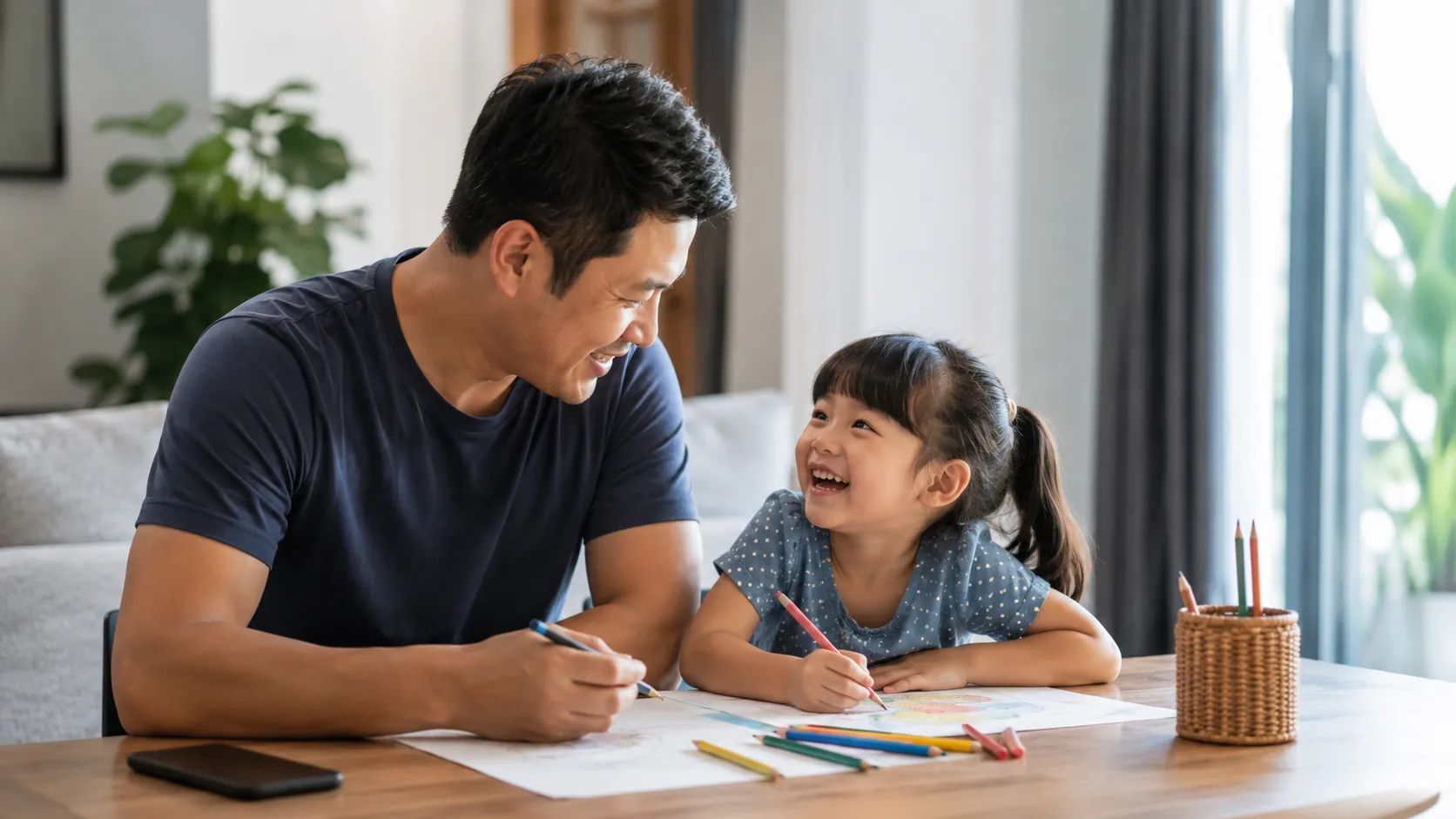 A Malaysian parent fully present with their young child in bright warm daylight at home, phone set aside
