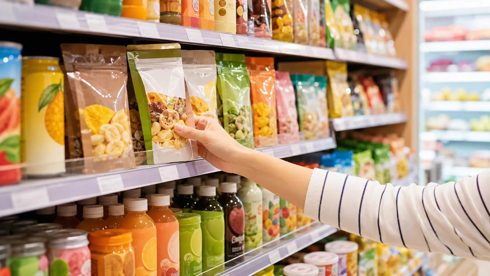 Colourful shelves of small local Malaysian snack and drink brands in a Bila Bila Mart store