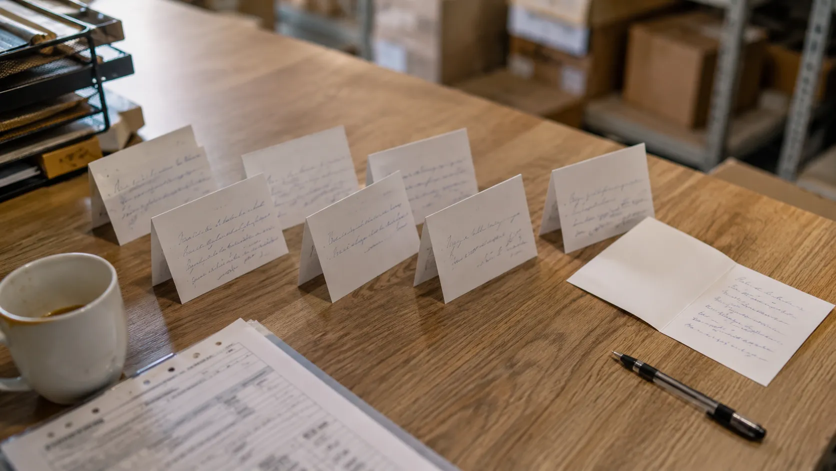 Handwritten thank you cards laid out on a desk beside a pen in a warehouse office