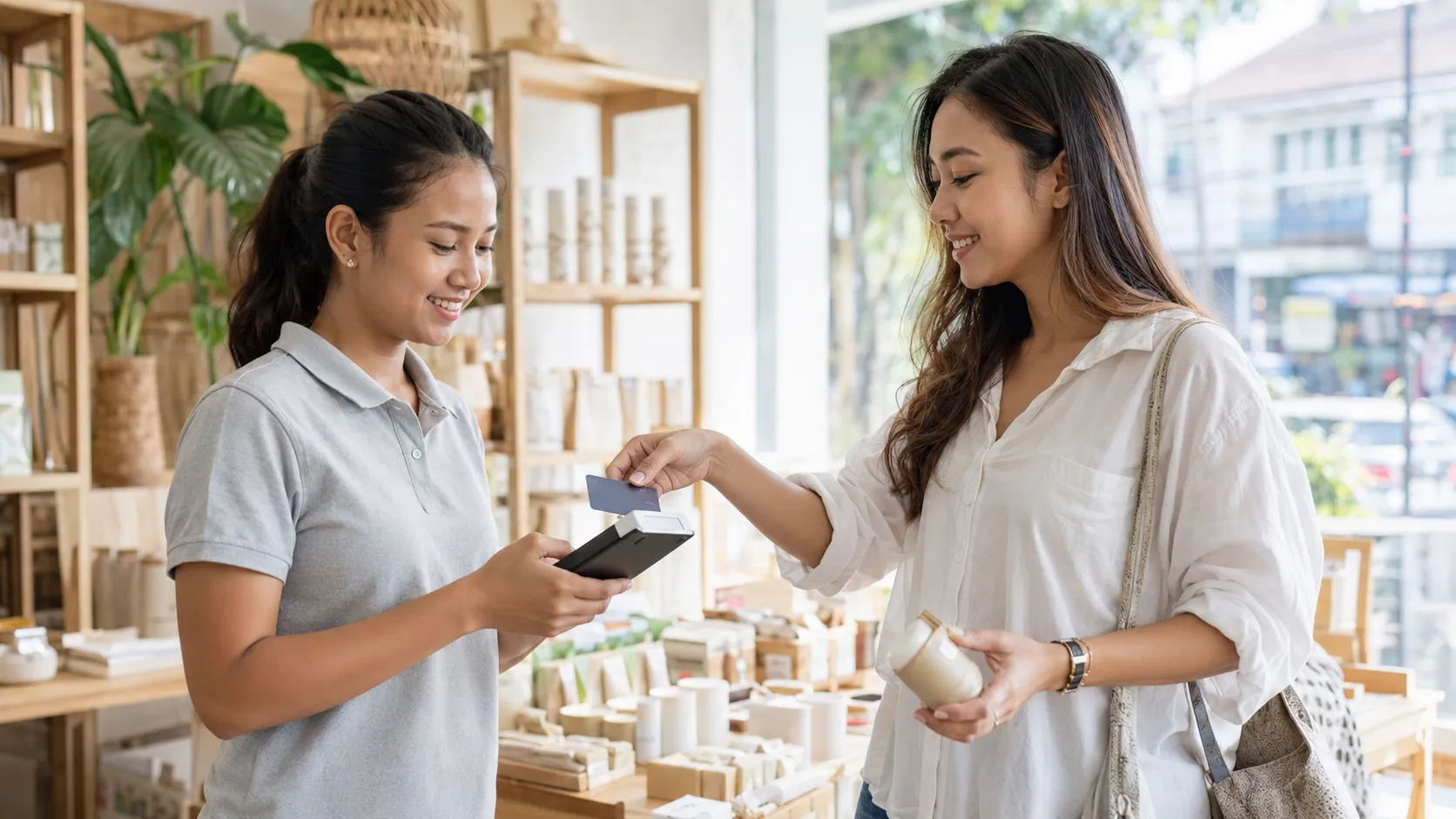 A salesperson in a Malaysian retail shop taking payment on a handheld phone while the customer holds the product