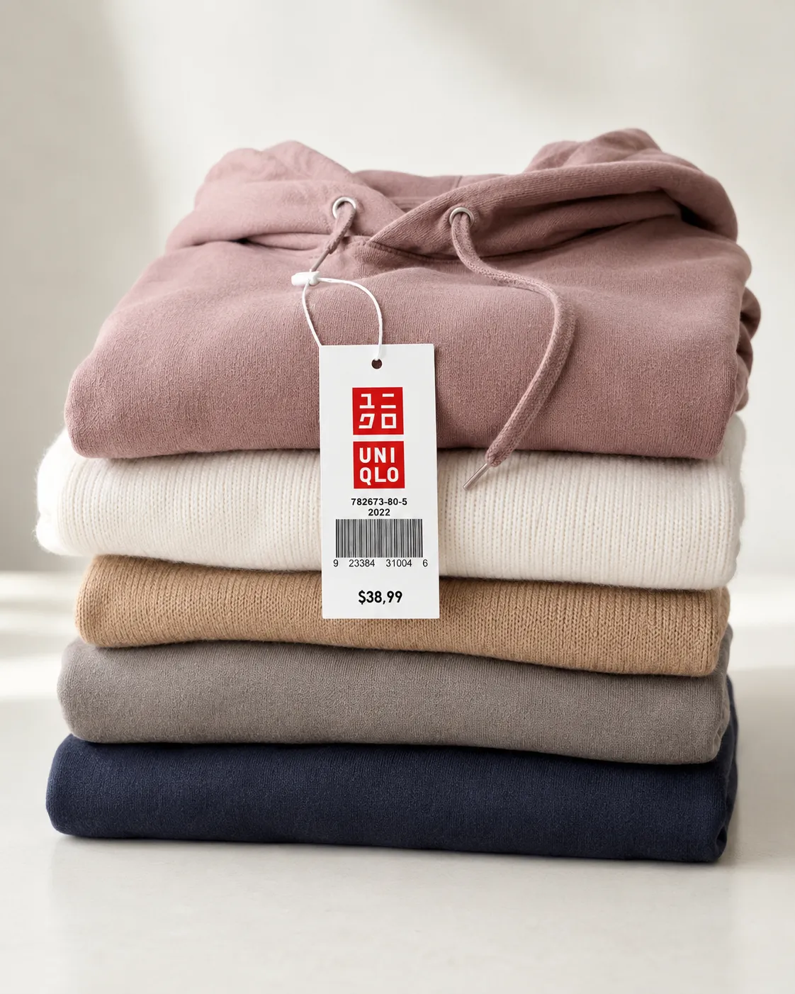 A folded stack of plain Uniqlo basics with a hang tag, shot in clean editorial light