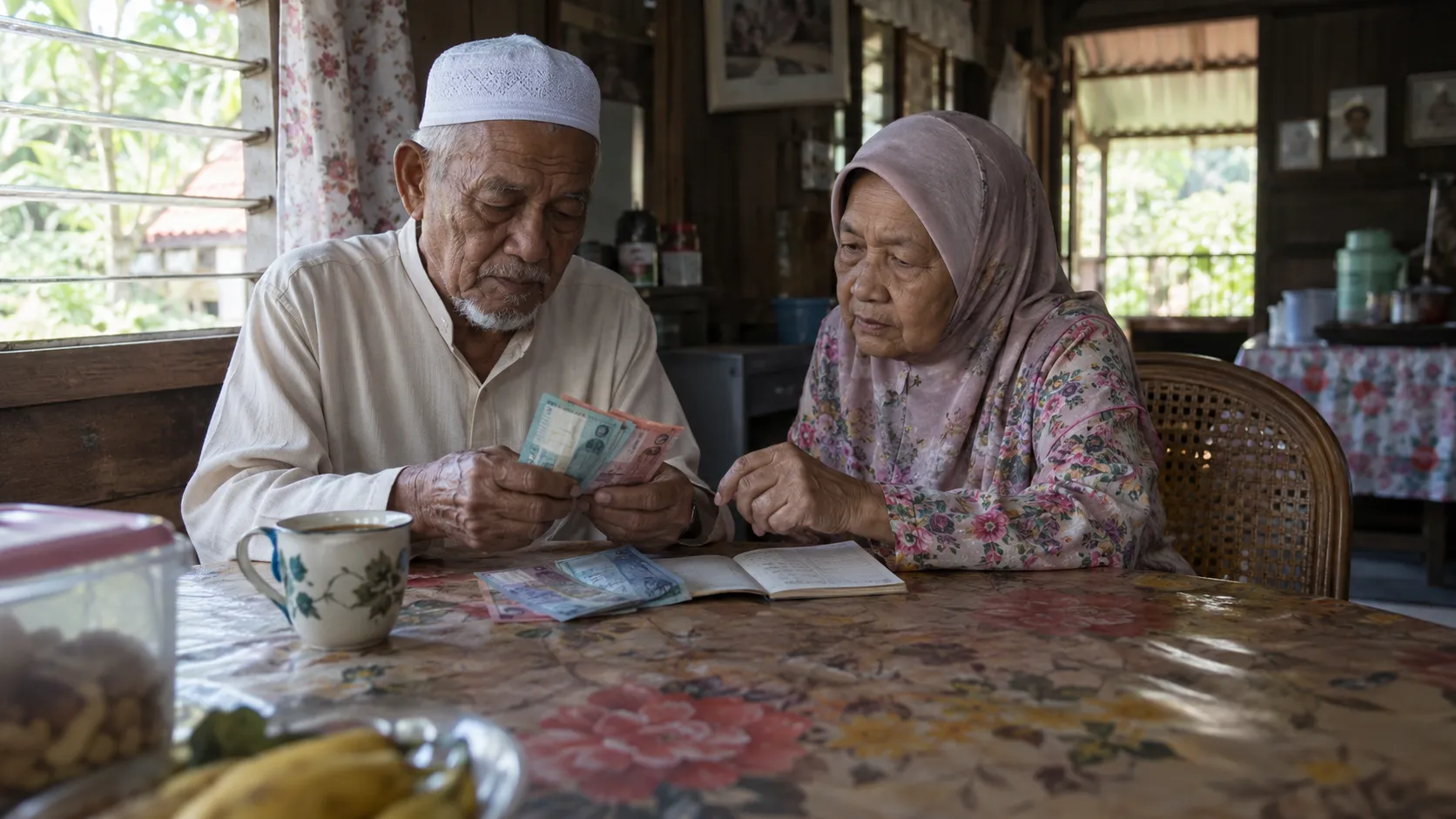 An elderly Malay couple at a kitchen table in a kampung house, counting ringgit notes beside a savings book in morning light