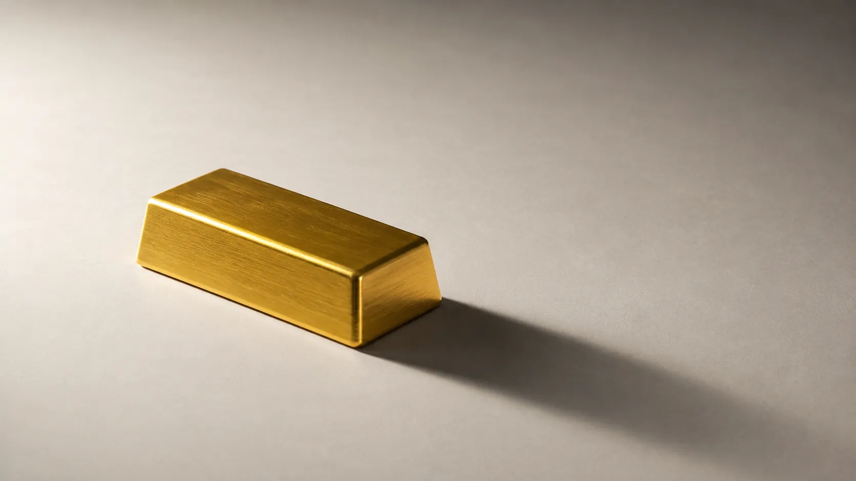 A single small gold bar on a plain studio backdrop, casting a long hard shadow
