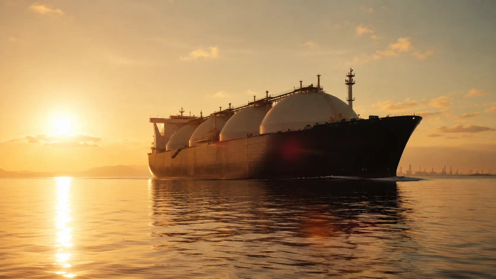 A large LNG tanker moving through calm water at golden hour, industrial and cinematic, shot wide