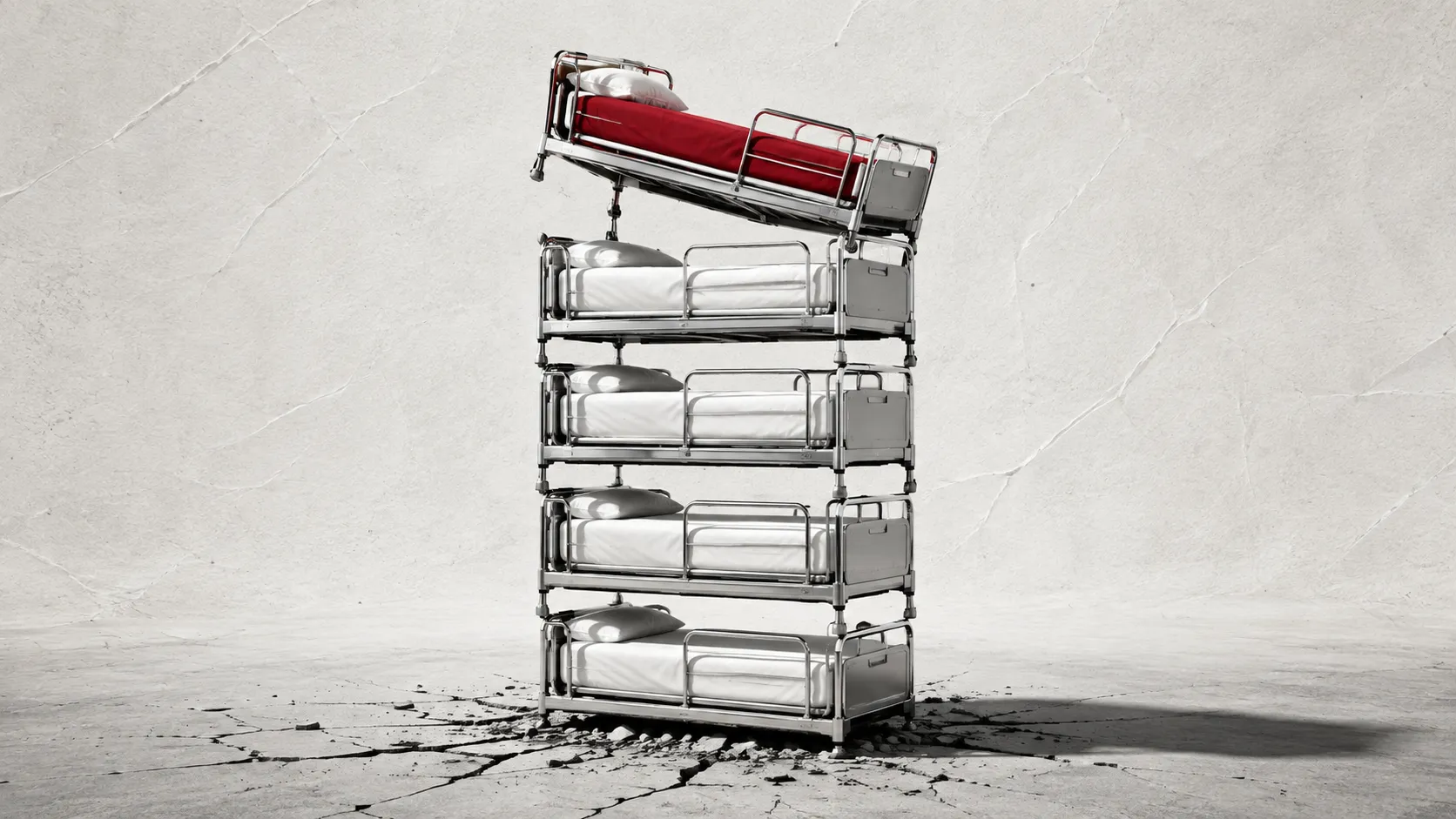 A stack of hospital bed frames rising as a narrow tower against a plain pale background, the topmost bed tilting