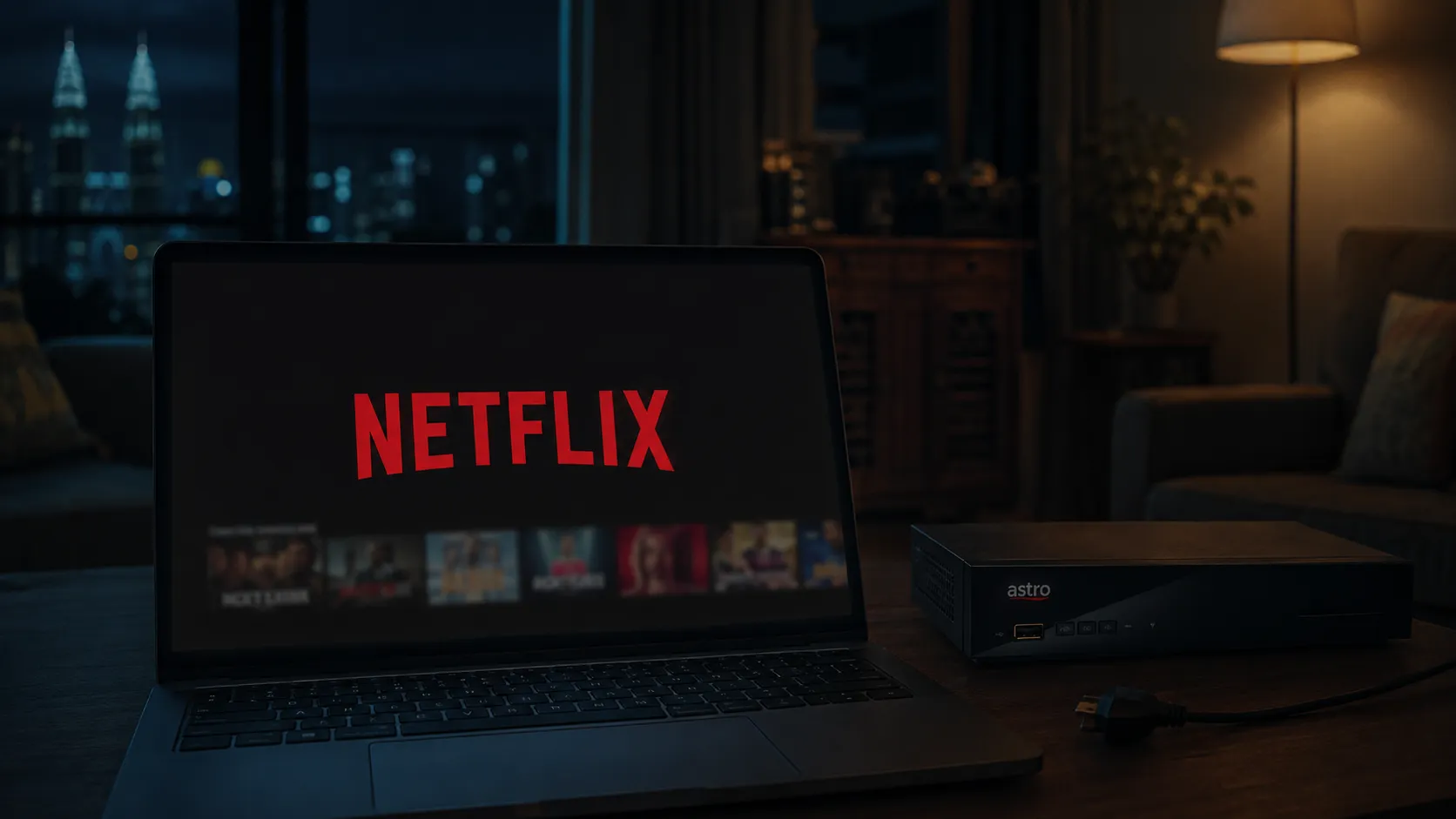 A laptop streaming Netflix beside an unplugged Astro decoder in a dark living room
