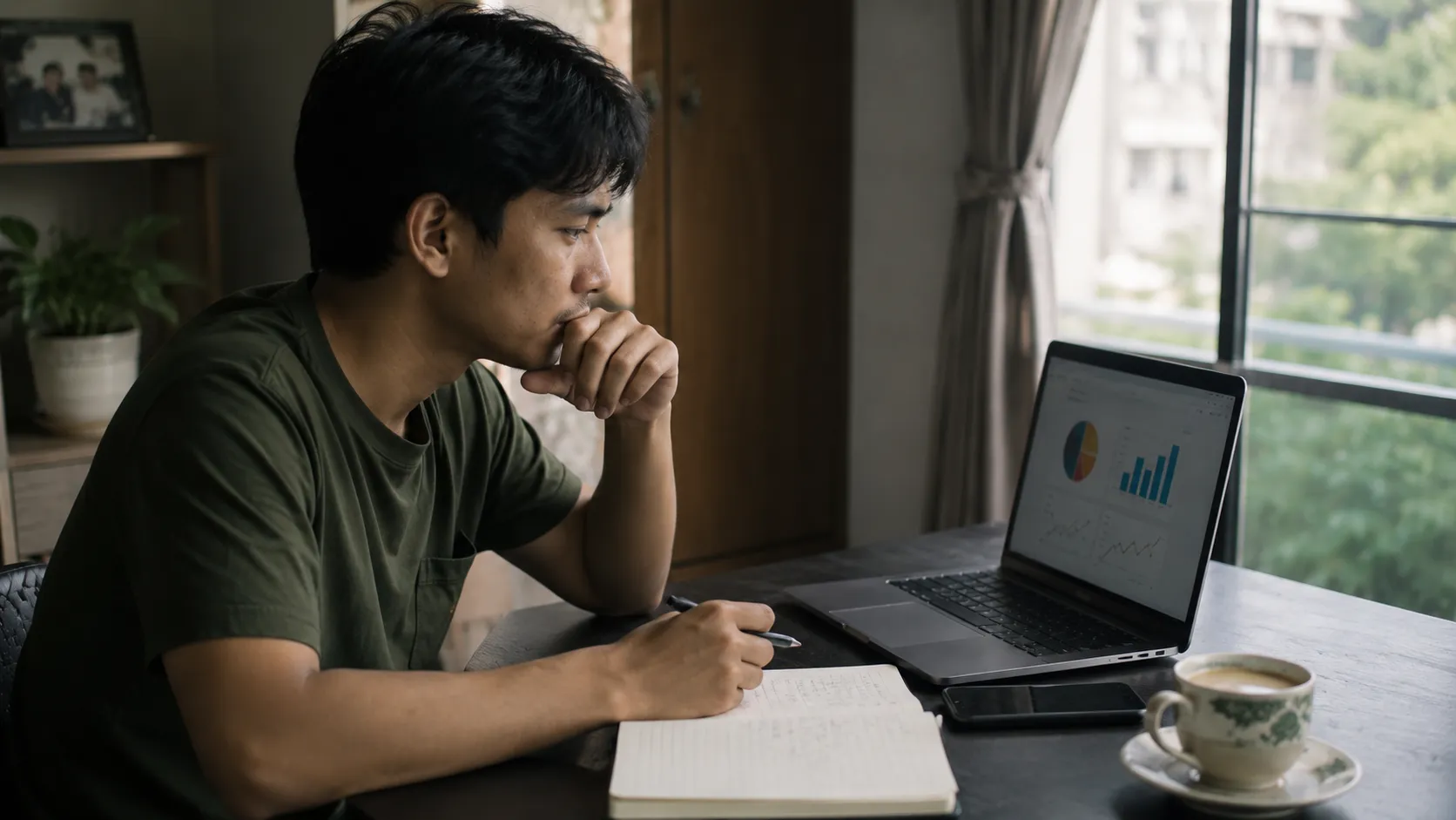 A young Malaysian weighing a money decision over a laptop, phone and handwritten sums
