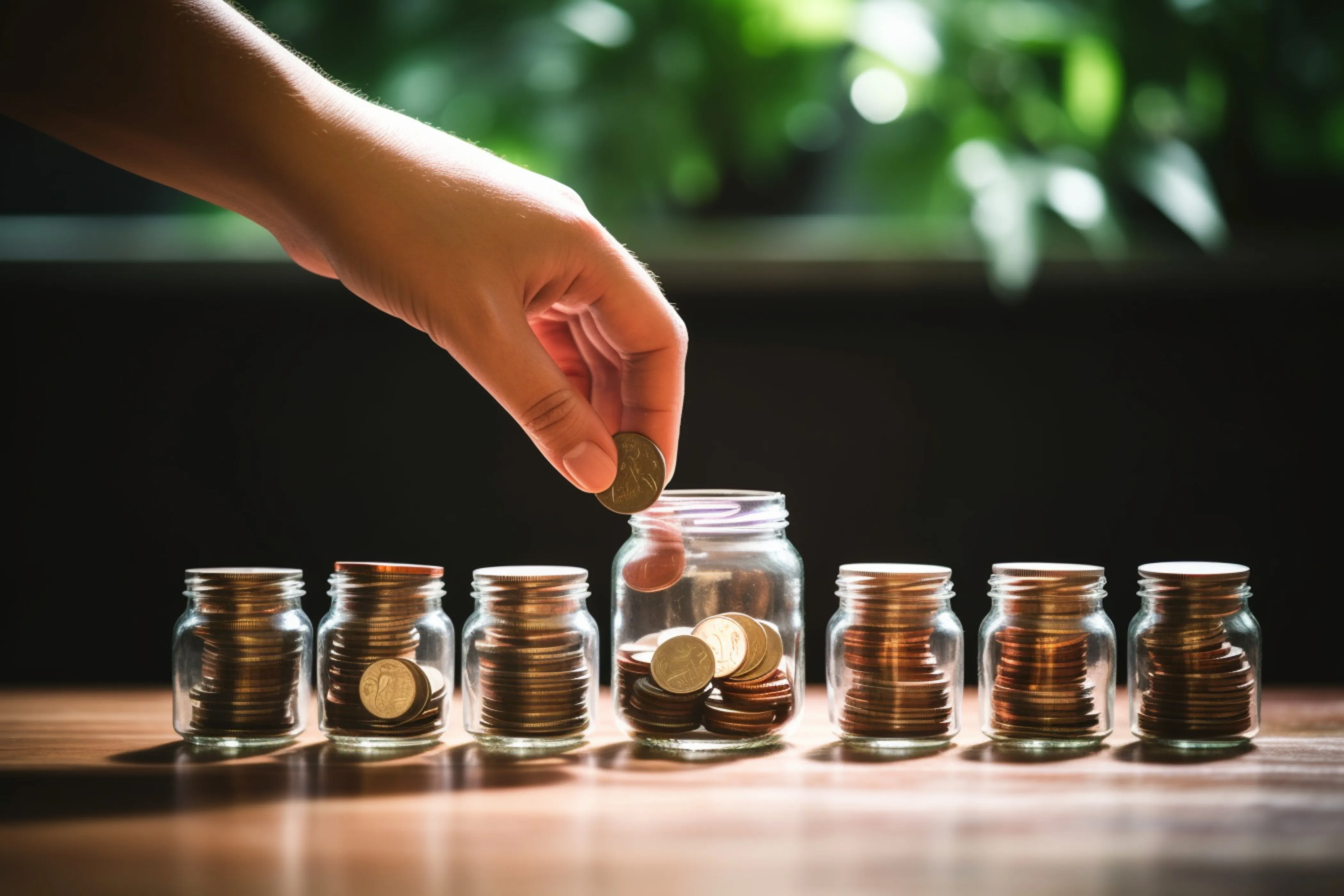 Hand putting money into an isolated jar.