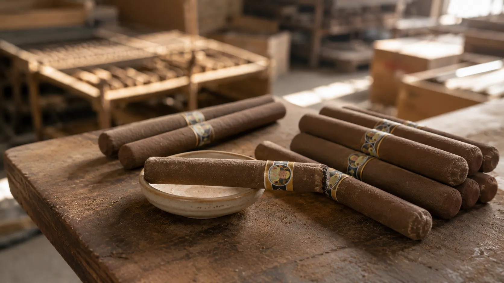 Close-up of cigar-shaped incense sticks, one of the factory's curated fragrance products