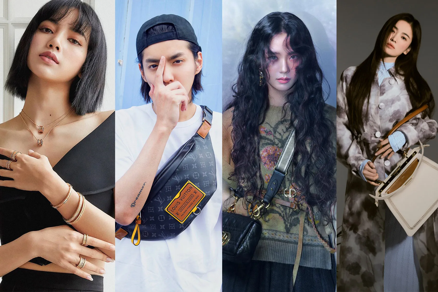 Portraits of 4 Asian celebrities endorsing luxury brand goods