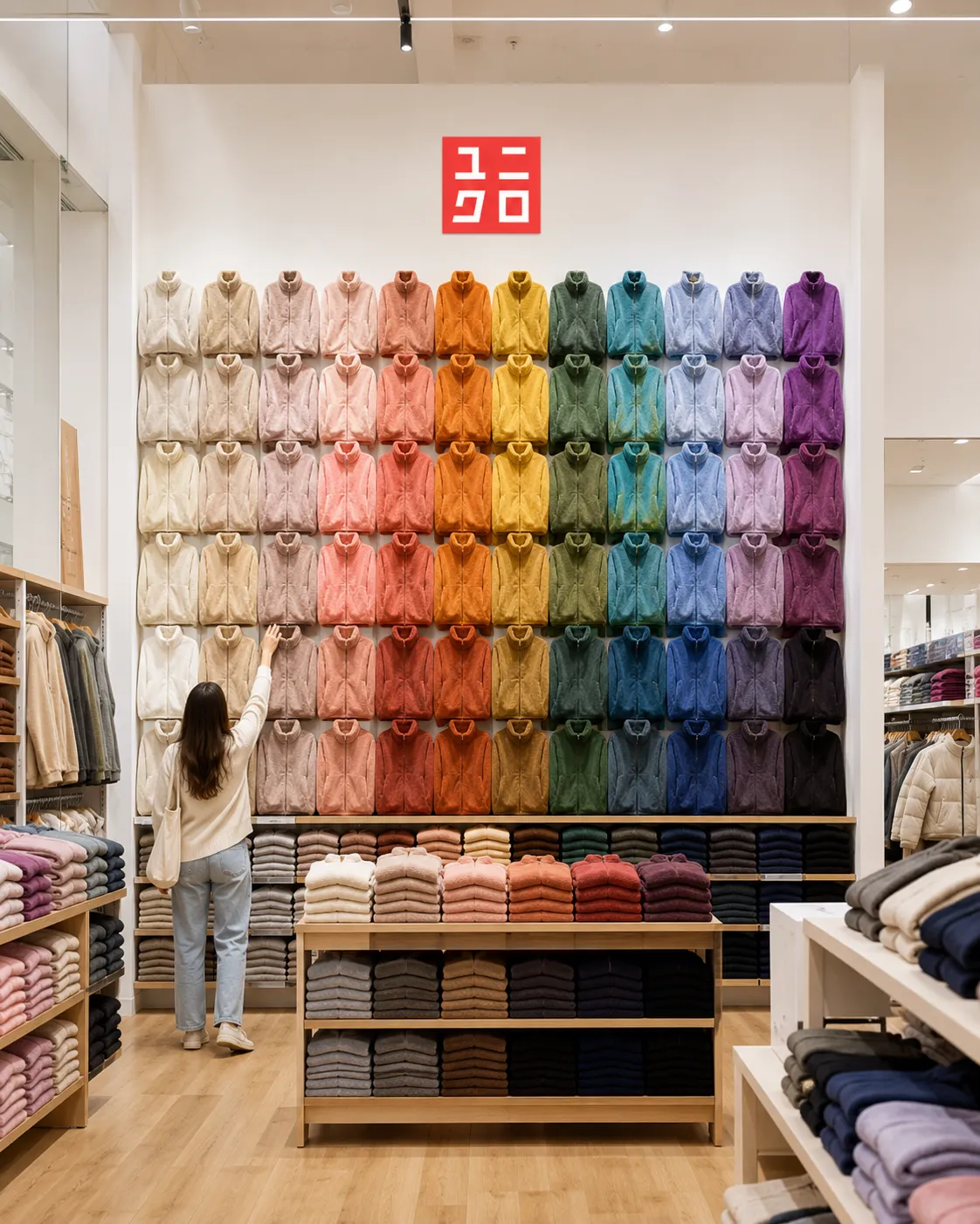 A floor-to-ceiling wall of Uniqlo fleece jackets stacked in 50 colours