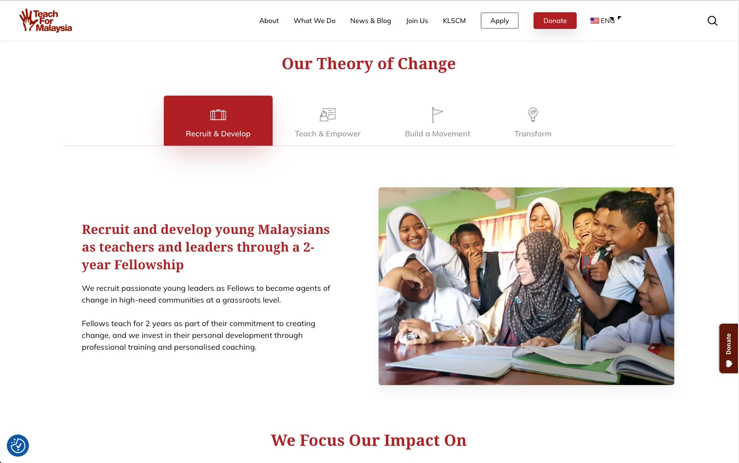 Teach For Malaysia Landing Page Screenshot of Recruiting and Developing talents as teachers