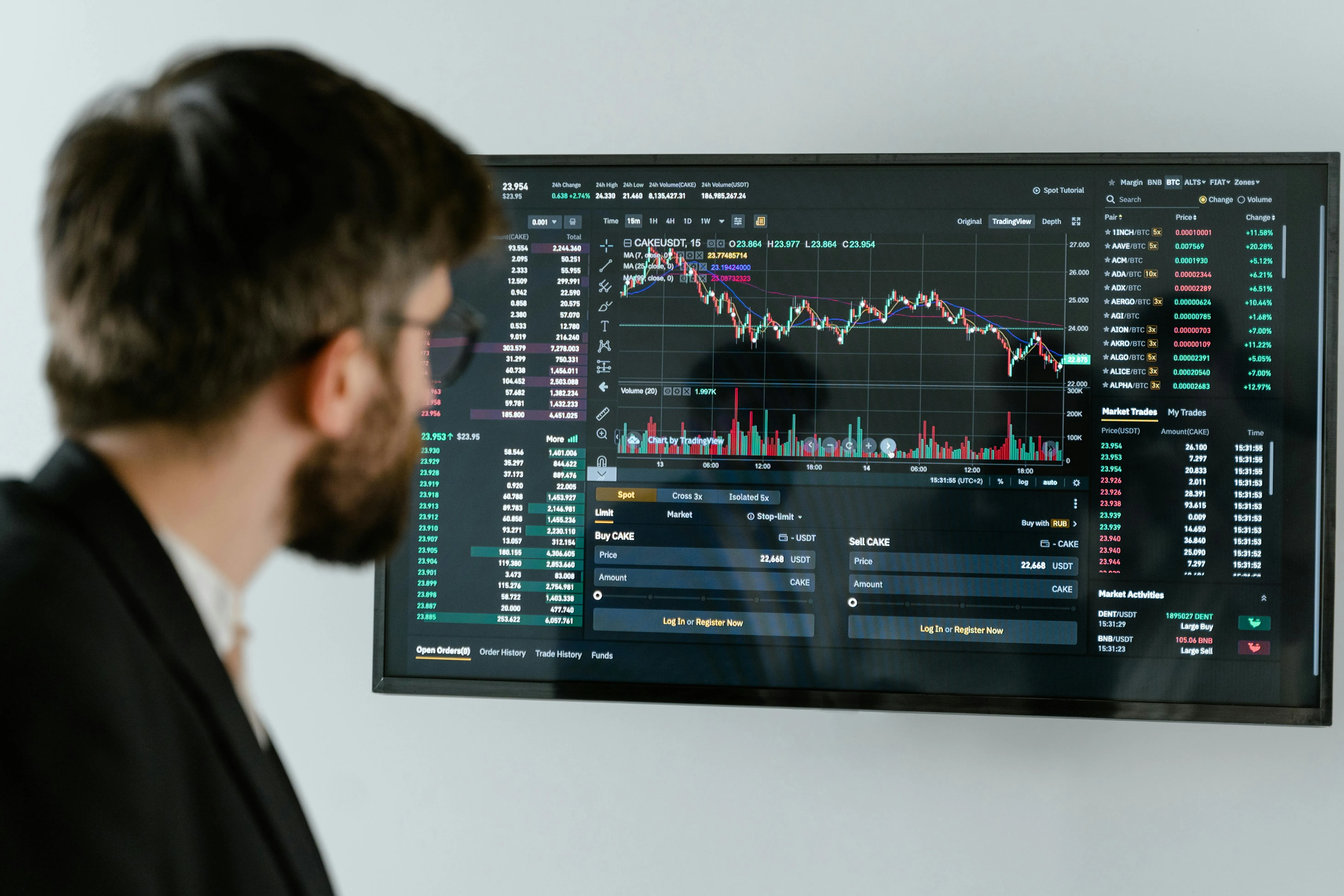 Man in Suit Observes Market Data Chart on Monitor