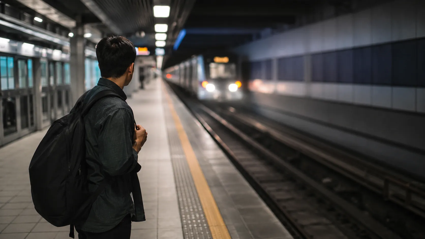 A commuter waiting on a Kuala Lumpur MRT platform, mid-career decision