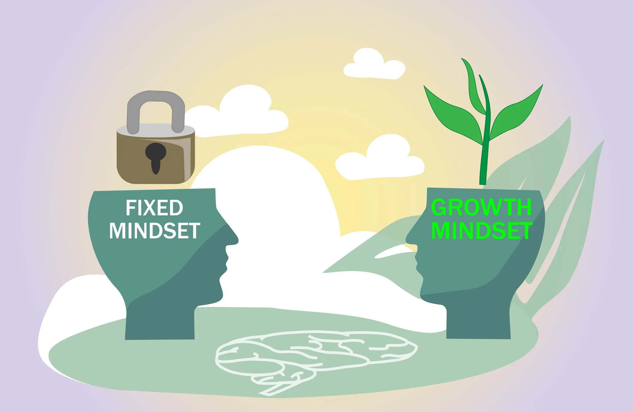 Graphic illustration demonstrating two different human heads with a fixed and growth mindset