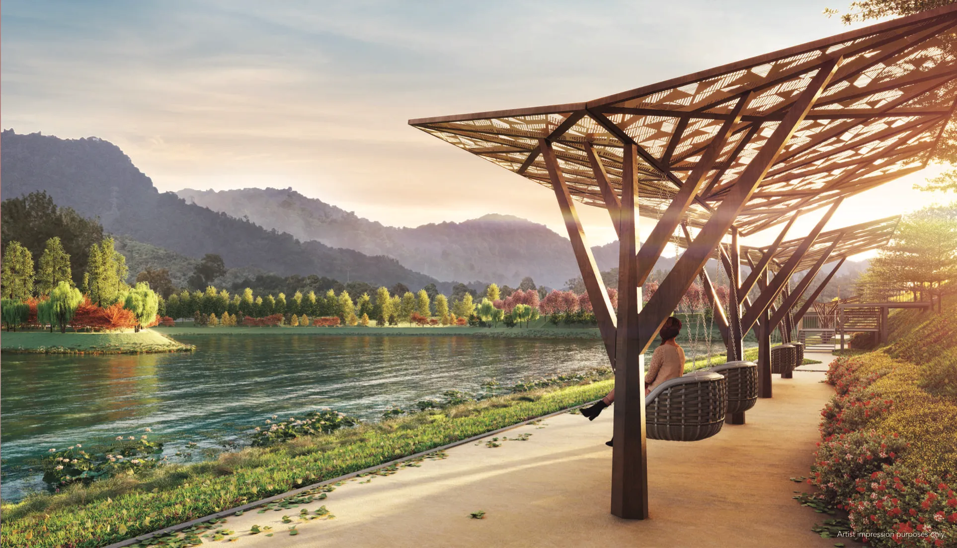 The serene view of a park & lake