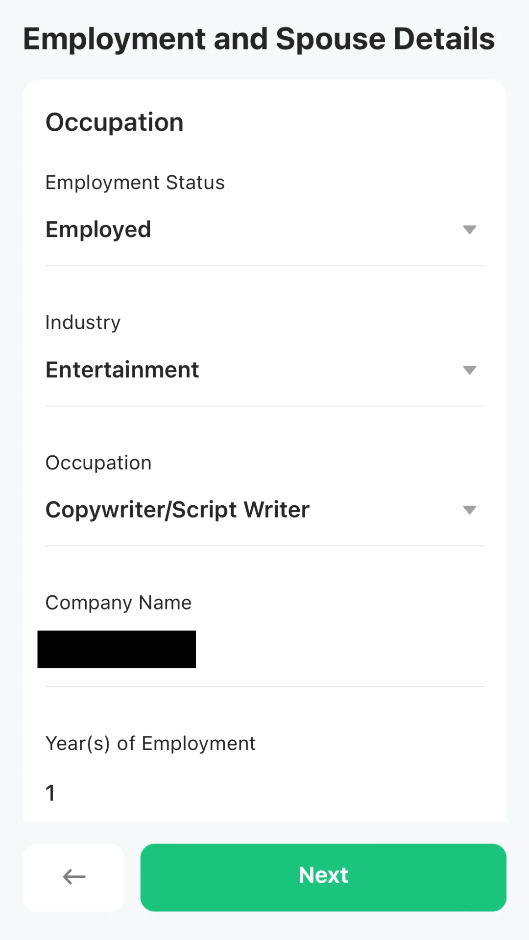 M+ Global Account Opening Employment and Spouse Details